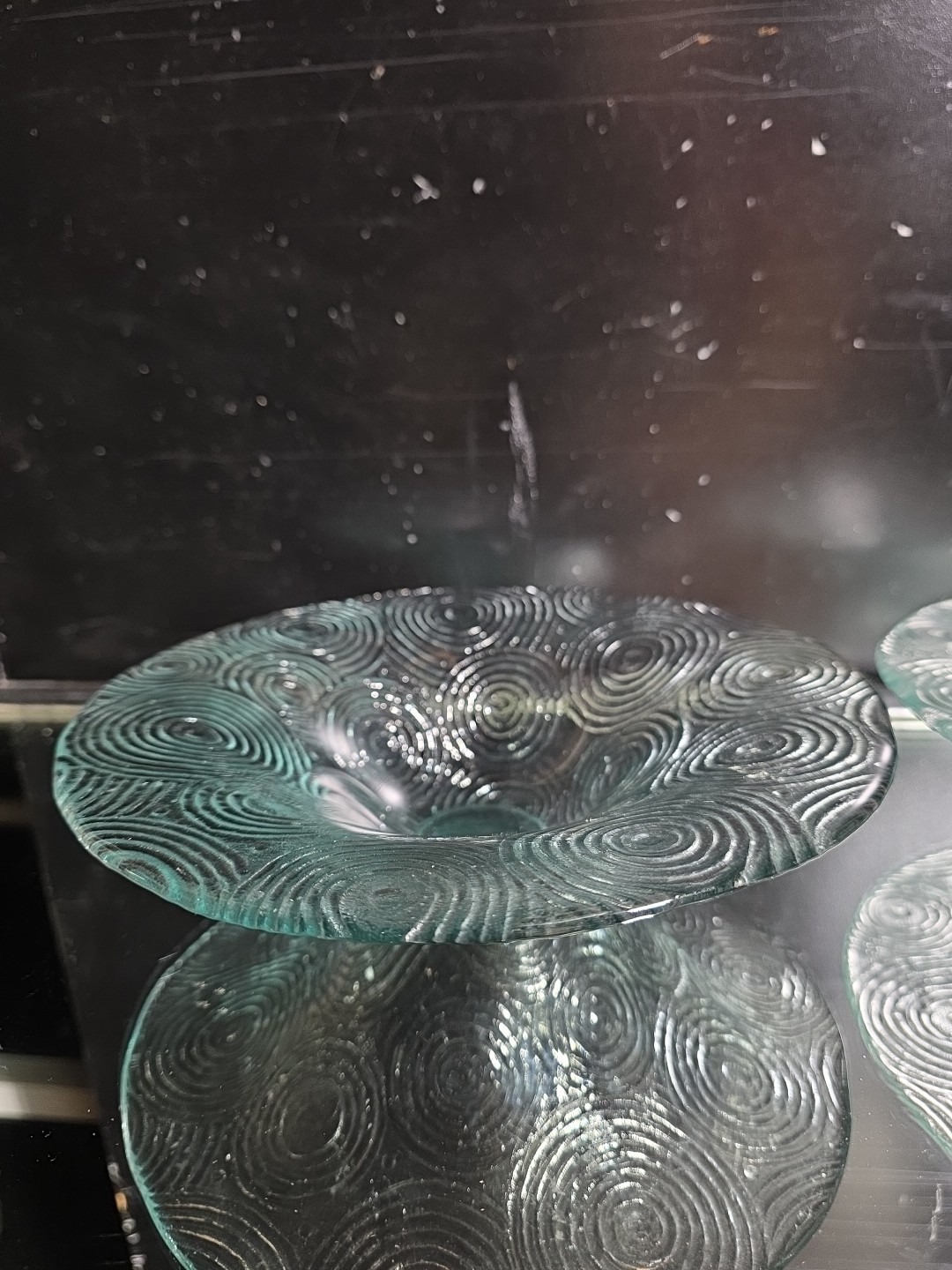 Vintage Clear Glass Pedestal Bowl Concentric Swirl Spiral Textured Art Glass 9"
