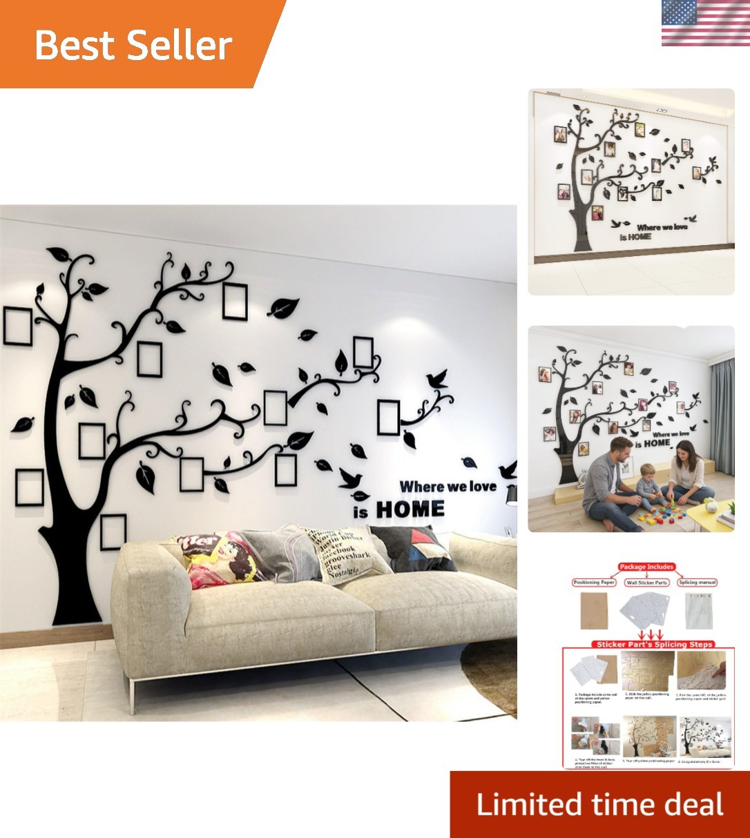 Elegant Black 3D Tree Wall Decals – Customizable Photo Frame Decor M:83x59in