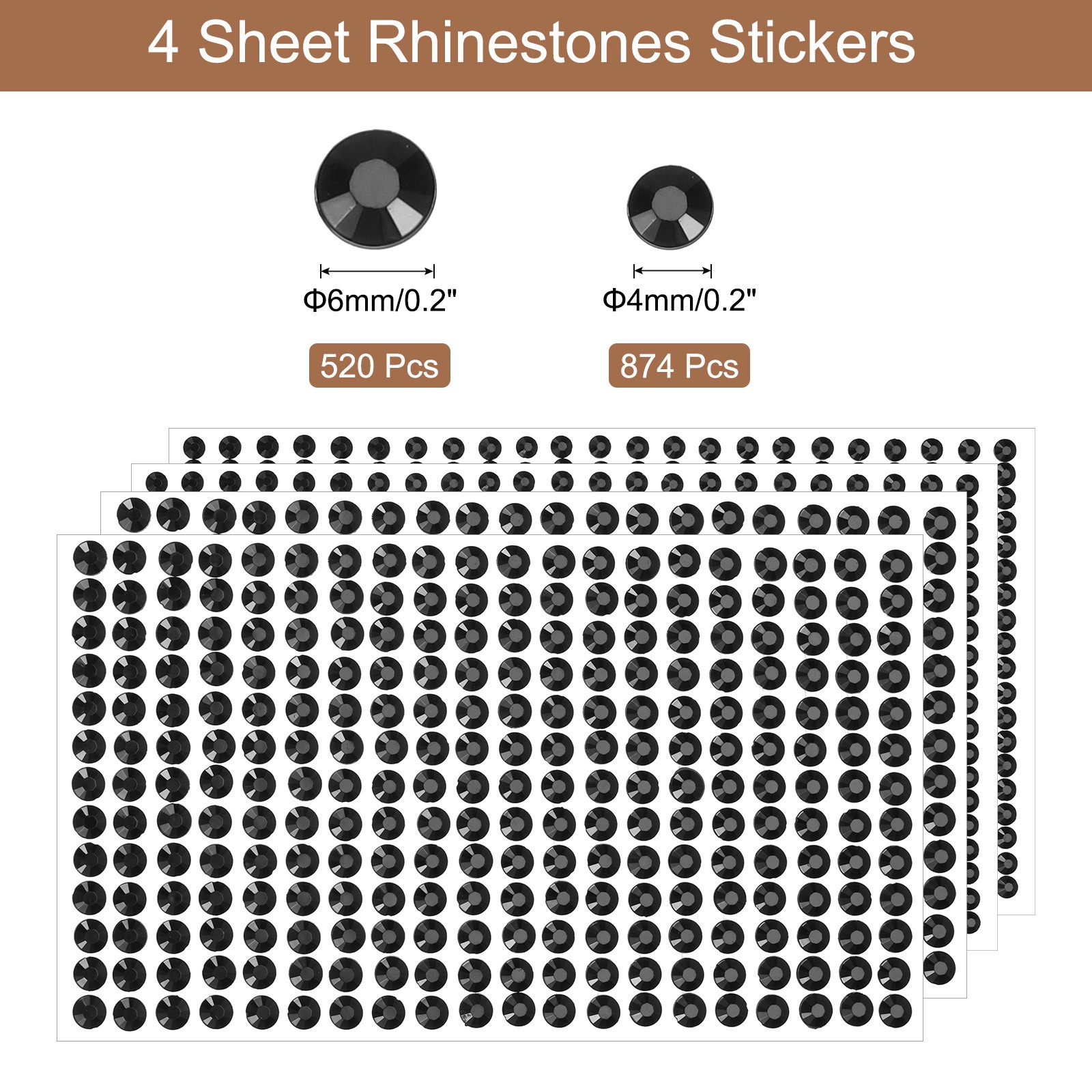 1394Pcs 4mm/6mm Self-Adhesive Rhinestone Stickers for Craft (4 Sheet Black)