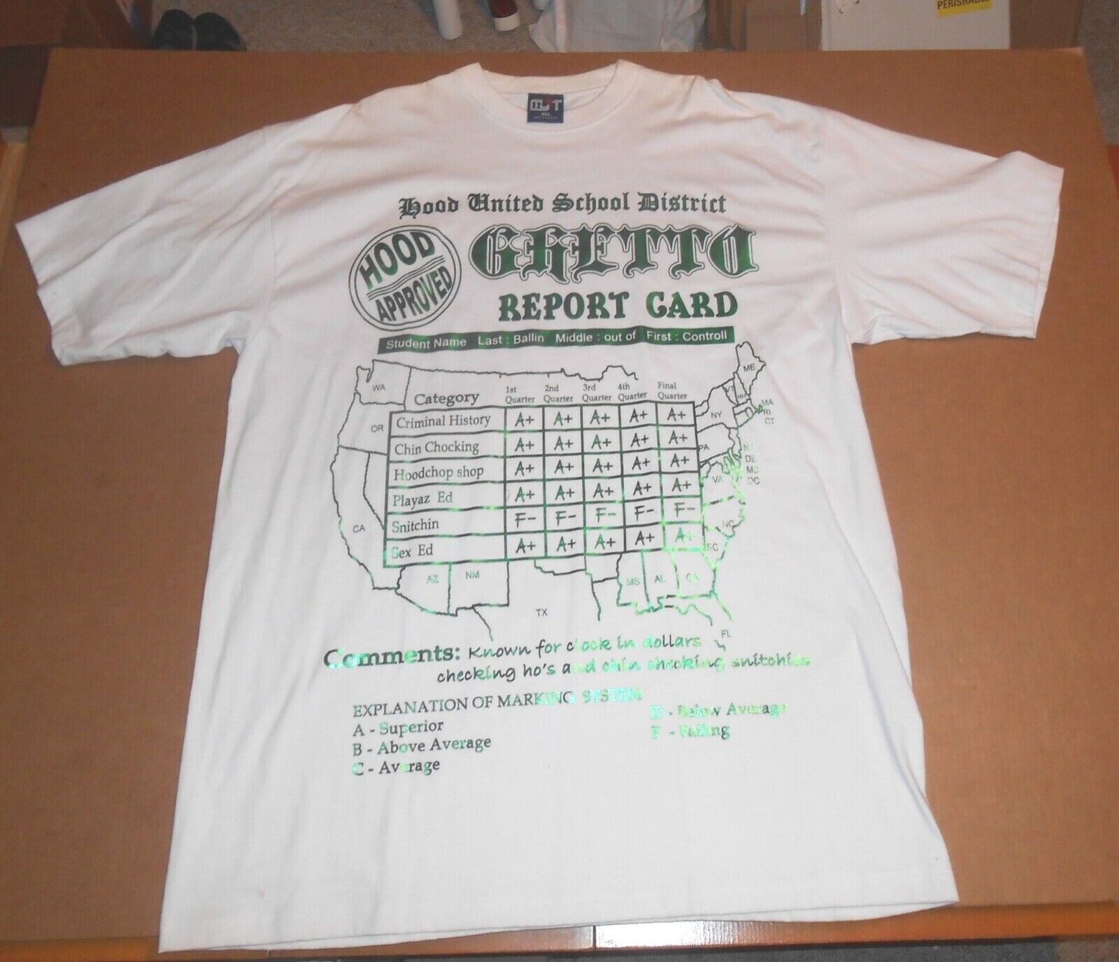 Vintage Ghetto Report Card T-Shirt RARE NYT 3XL (metallic green)