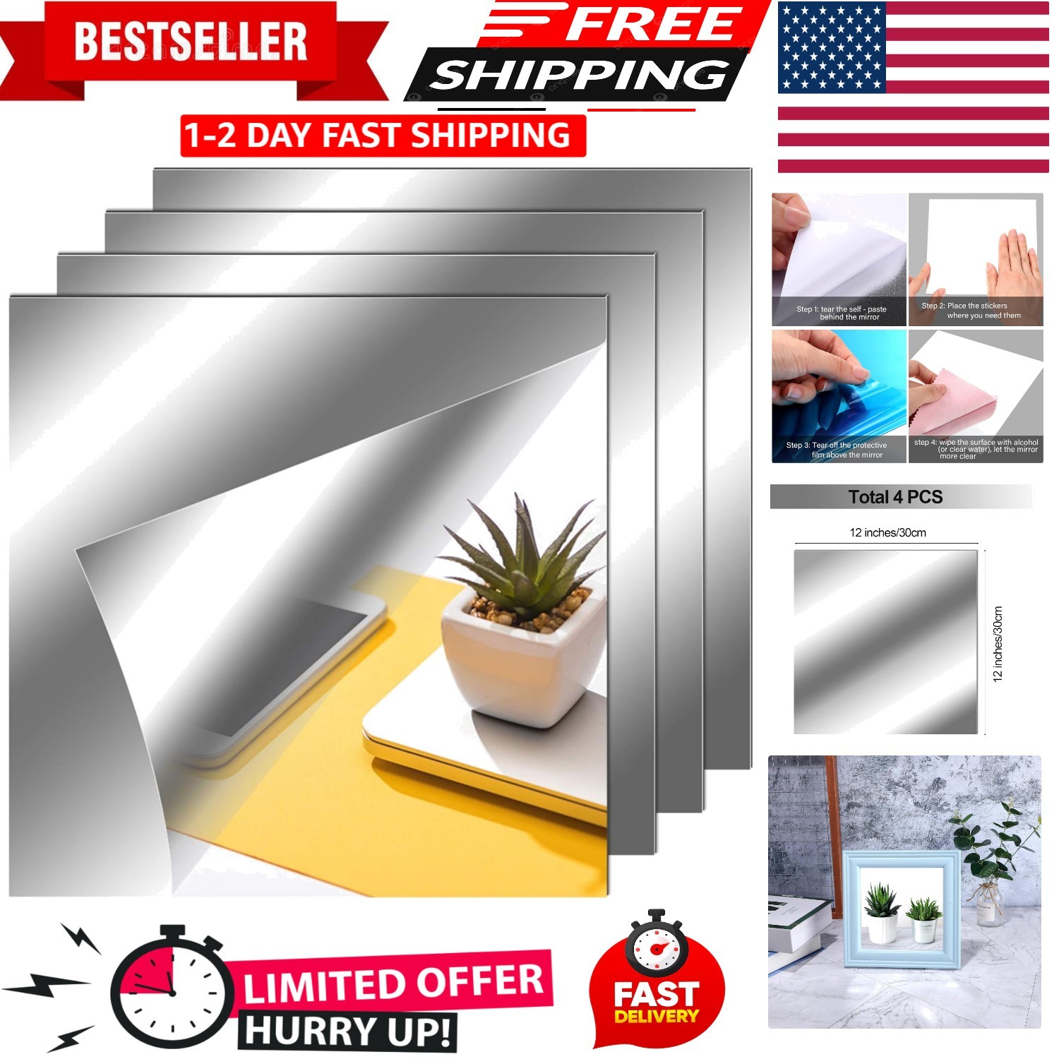 Square Self-Adhesive Mirror Stickers – 4 Pack, 12×12 Inches for Stylish Spaces