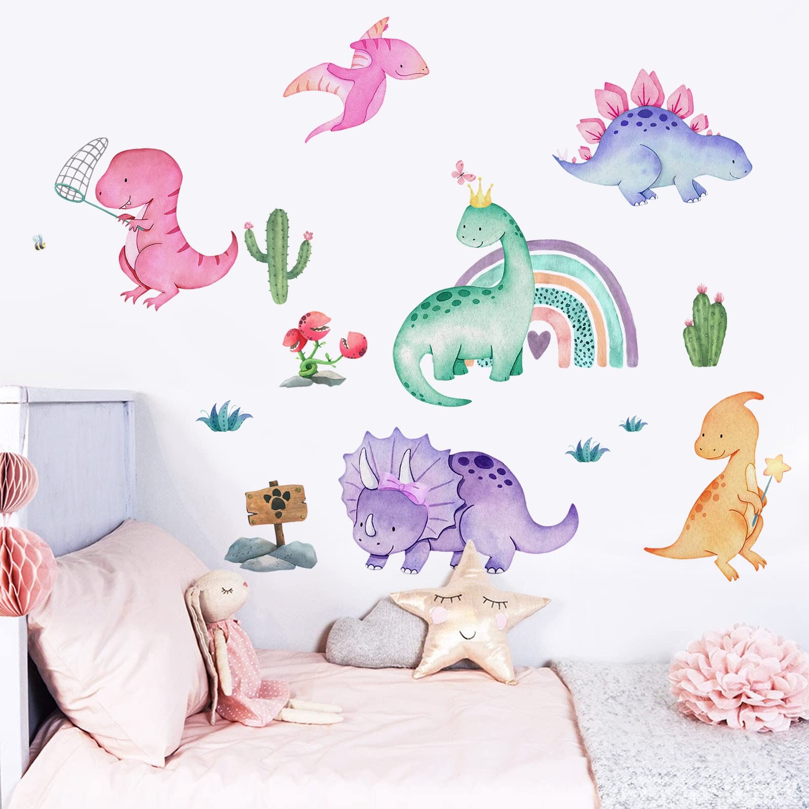 Watercolor Girls Dinosaur Wall Decals Stickers, Dino Rainbow Cactus Nursery D…