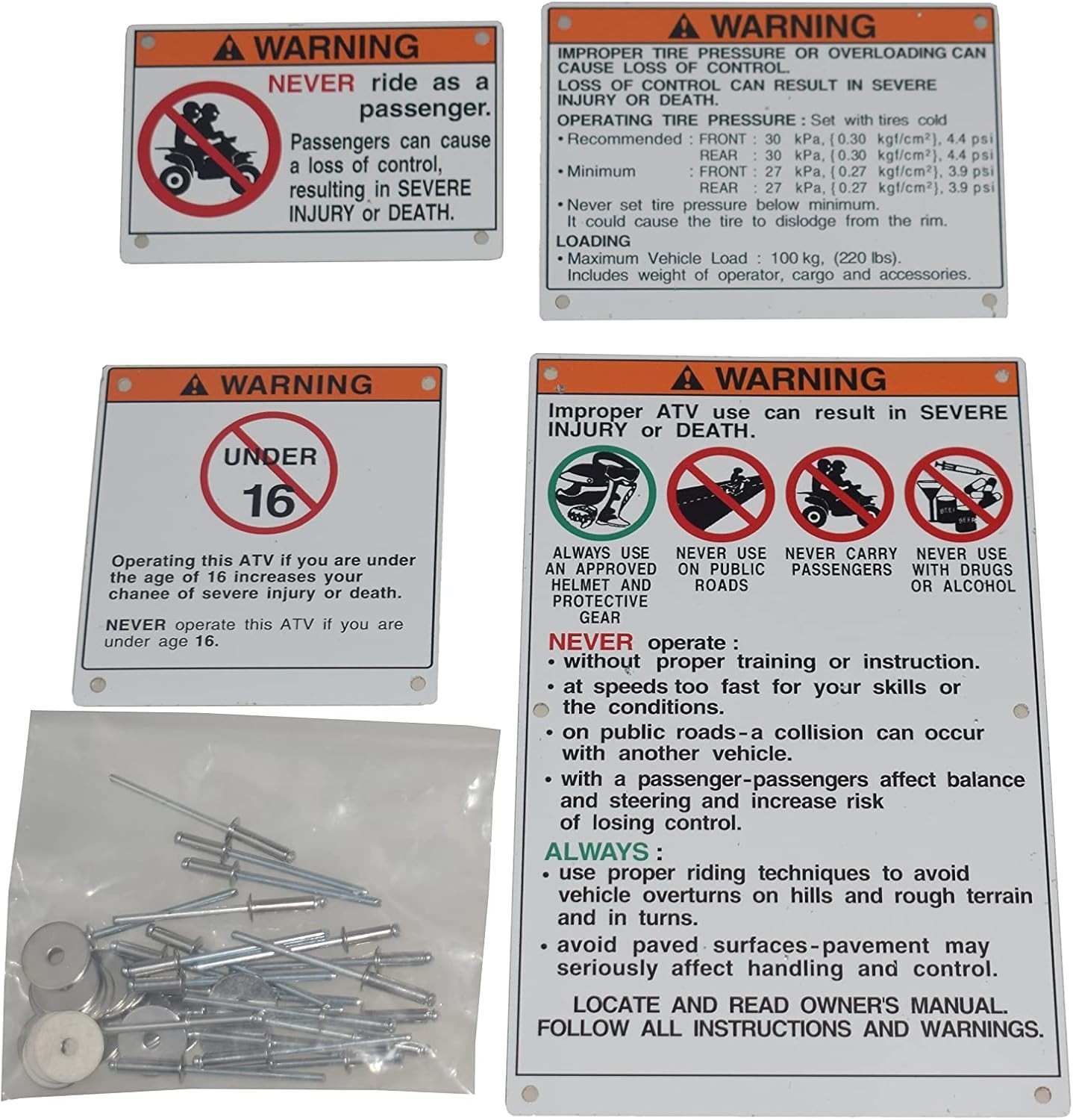 Warning Decals Compatible with ATV Models