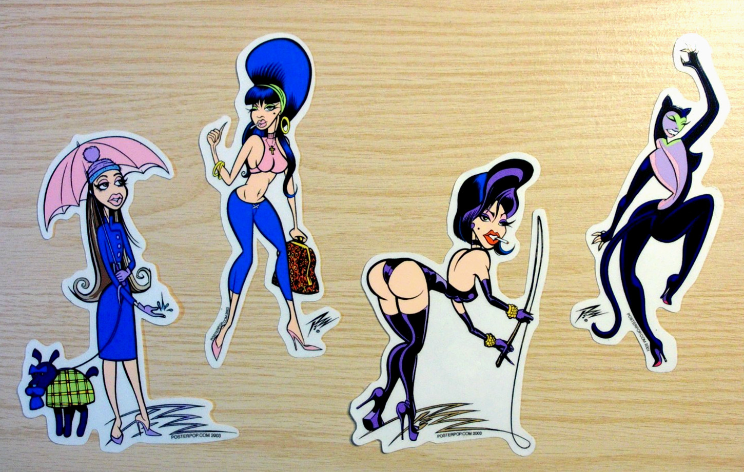 PIZZ original lot of 4 Stickers / Decals 2001-03 art retro pinup poster pop