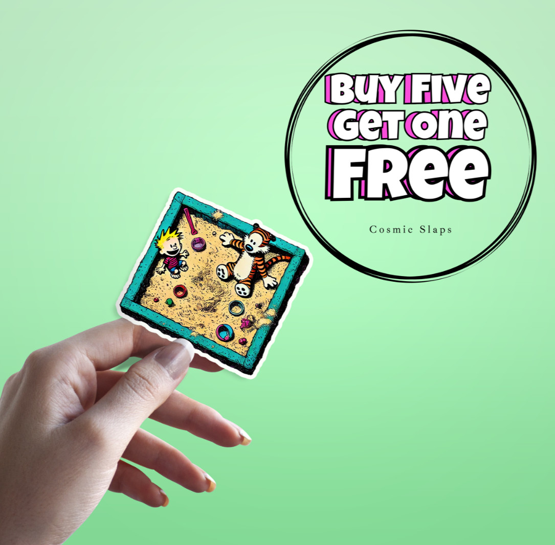 Calvin & Hobbes Sandbox Sticker: Playful Waterproof Fun in the Sand Sticker