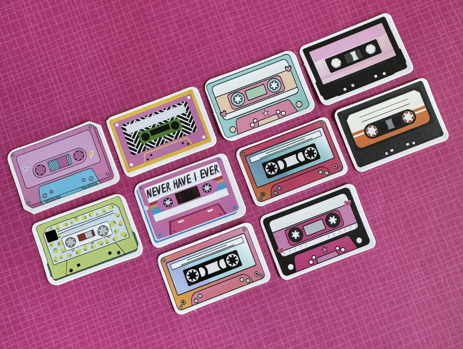 New 80s Style Mini Cassette Tape Waterproof Stickers Set of 10 – 1.75” x 1.25”