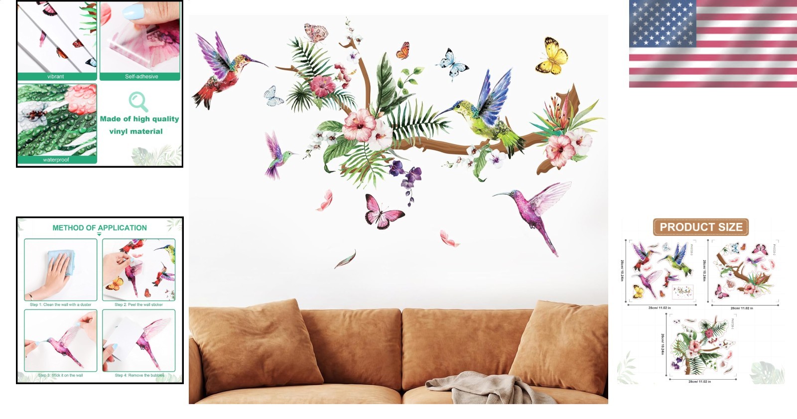 Vinyl Stickers 3pc Vivid Hummingbird Butterfly Floral Tree Window Wall Art Decor