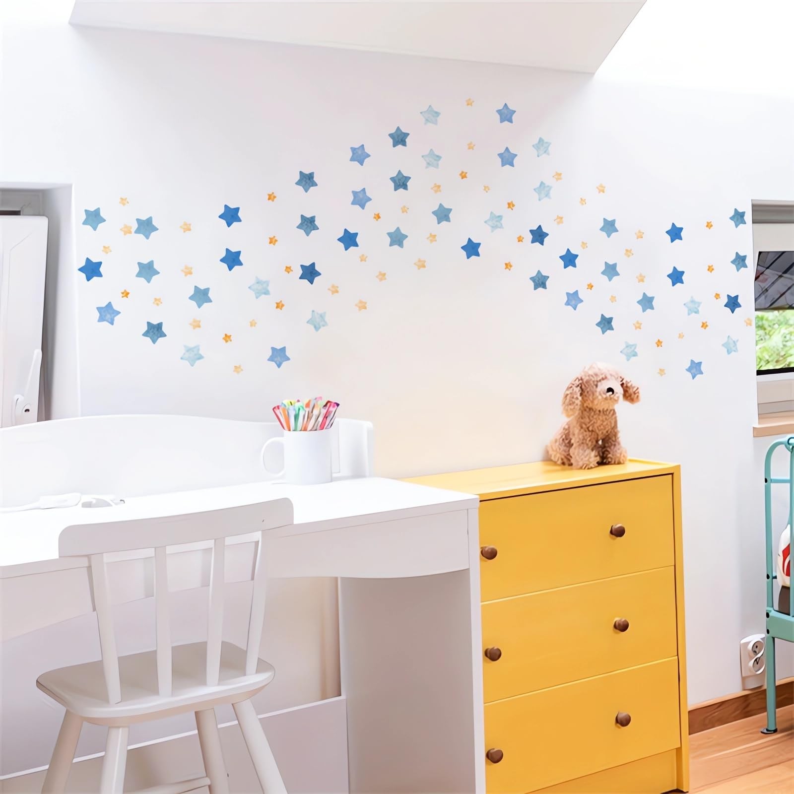 4 Sheets 100 Pcs Blue Yellow Stars Wall Stickers DIY Wall Decals