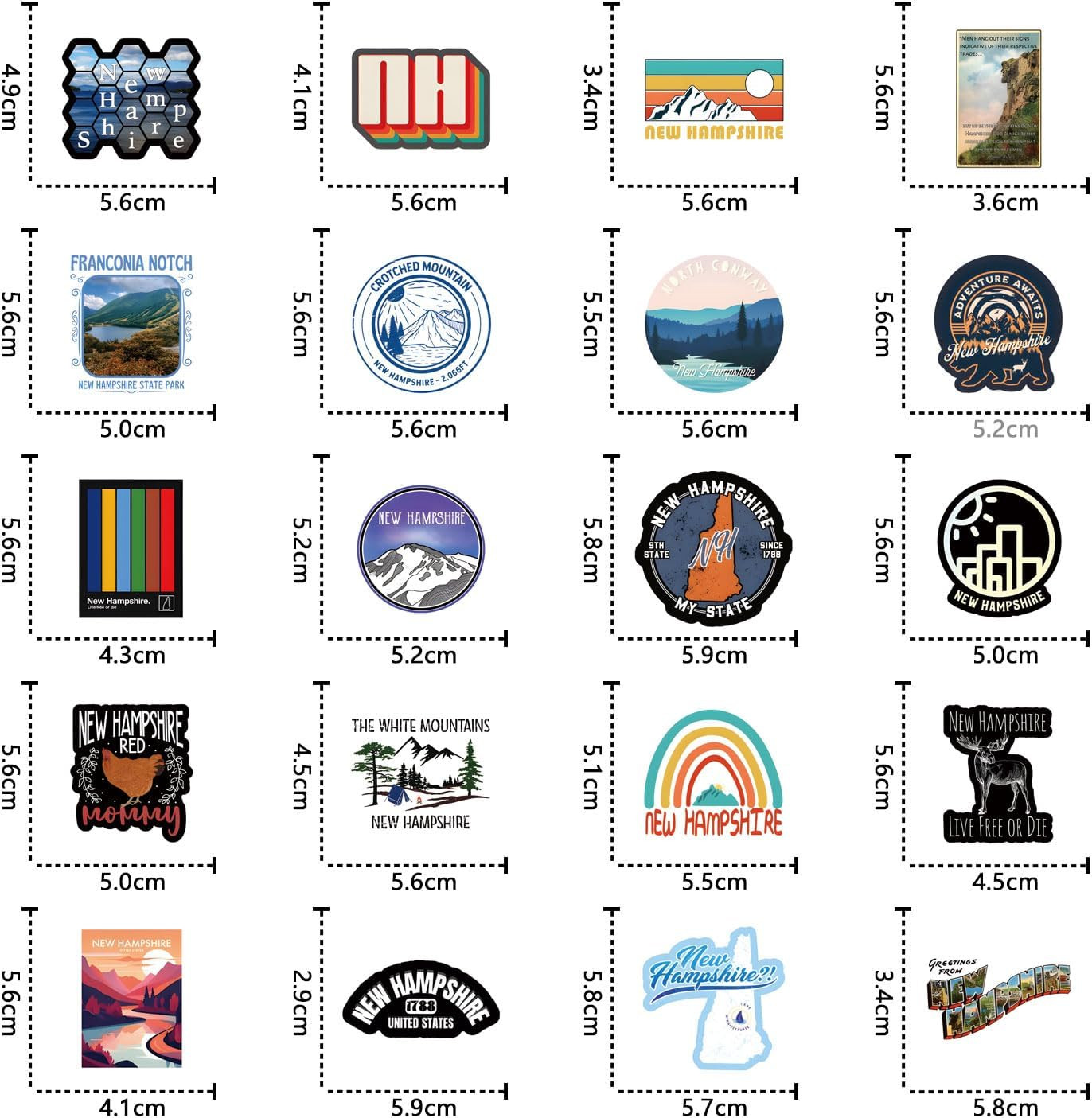 62Pcs New Hampshire Stickers Pack, Waterproof Decals for Bottles, Laptops, Phone