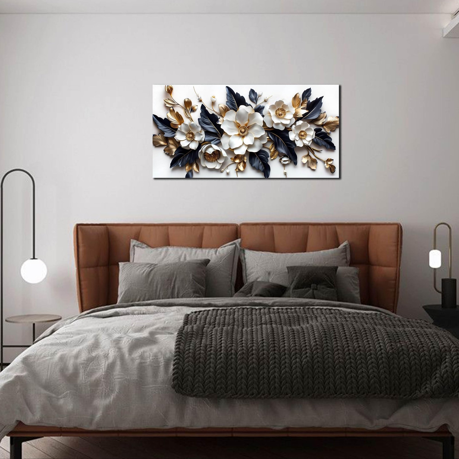 HUBOSKN Flower Pictures Wall Decor for Living Room – Blue White and Gold Wall…