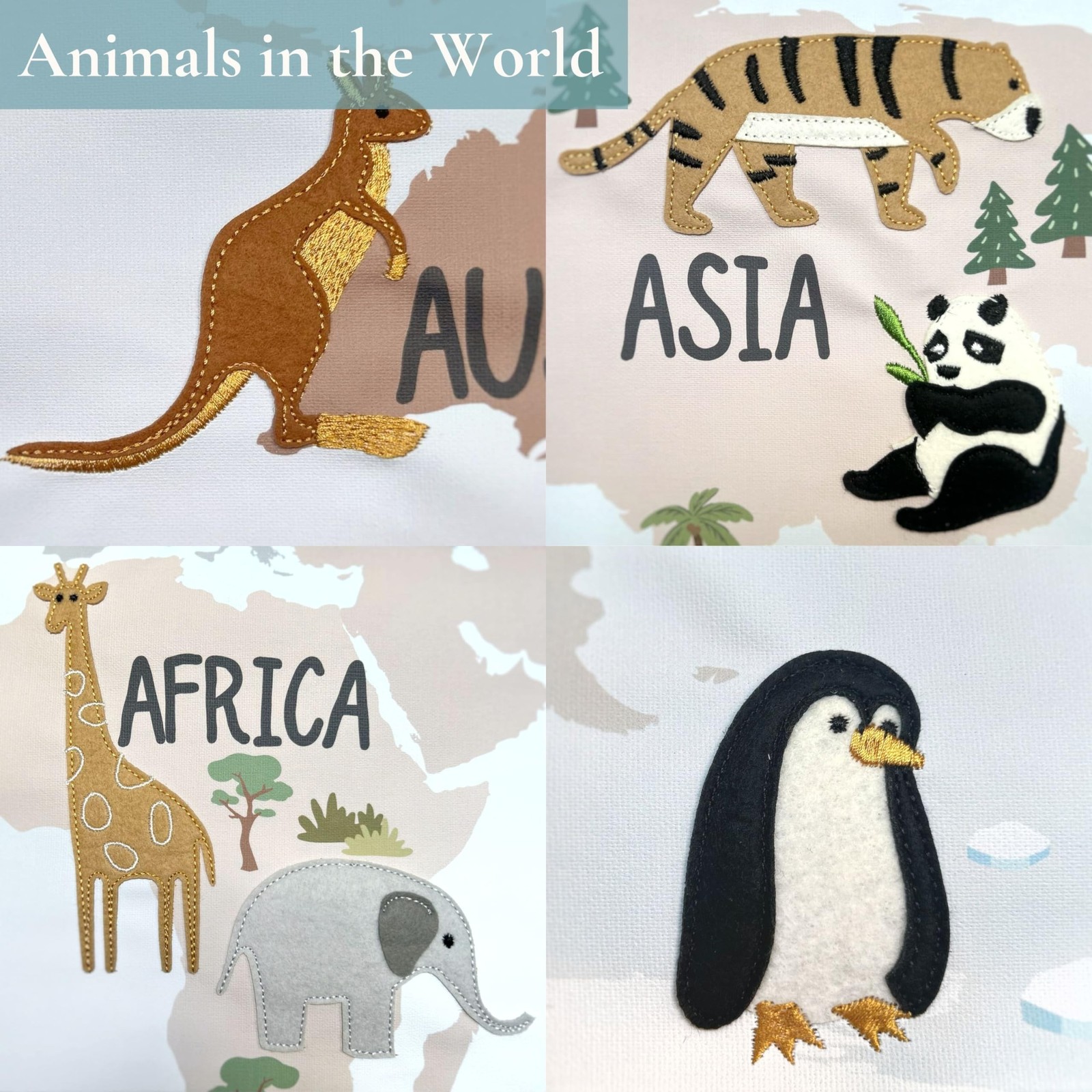 32 x 24 Inch Embroidered World Map Poster for Kids with Wood Hanger – Neut