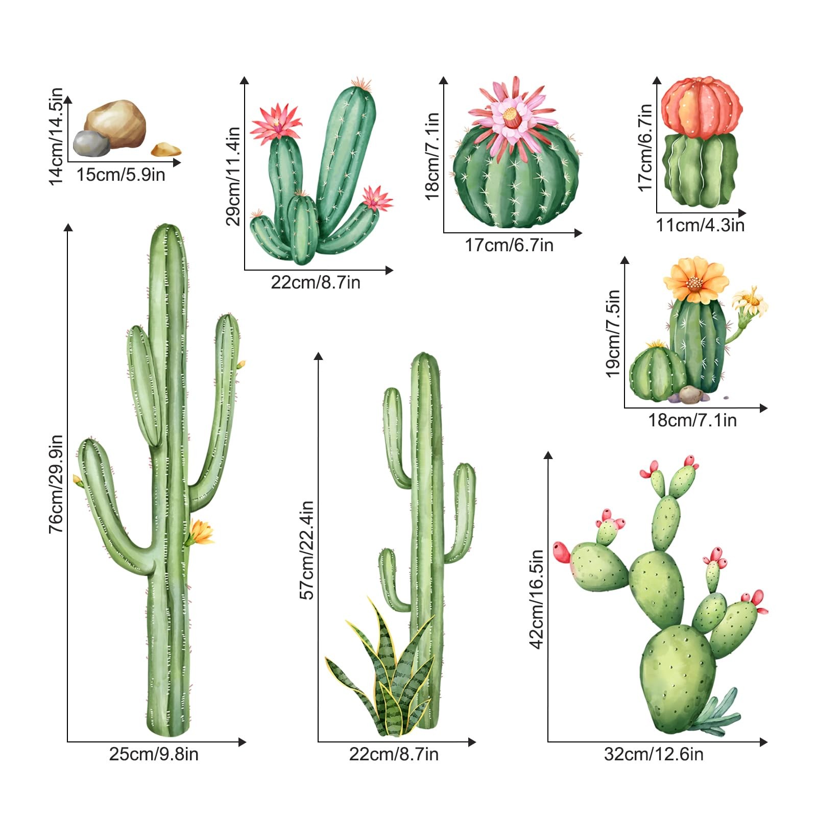 Large Cactus Wall Decals Green Plants Wall Stickers Peel and Stick Tropical A…