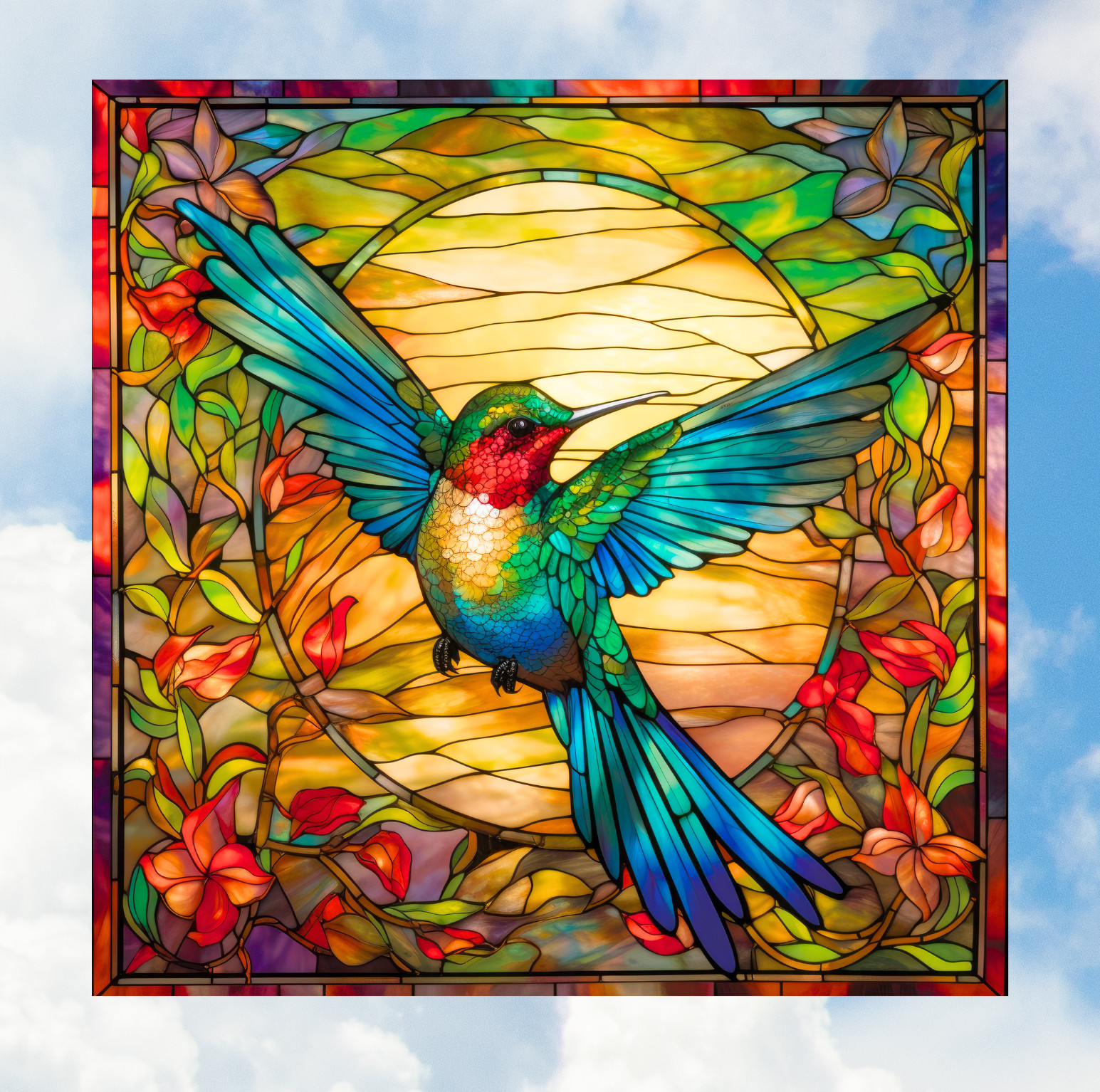 Pretty Hummingbird Faux Stained Glass WINDOW CLING Size 8" Square Vinyl
