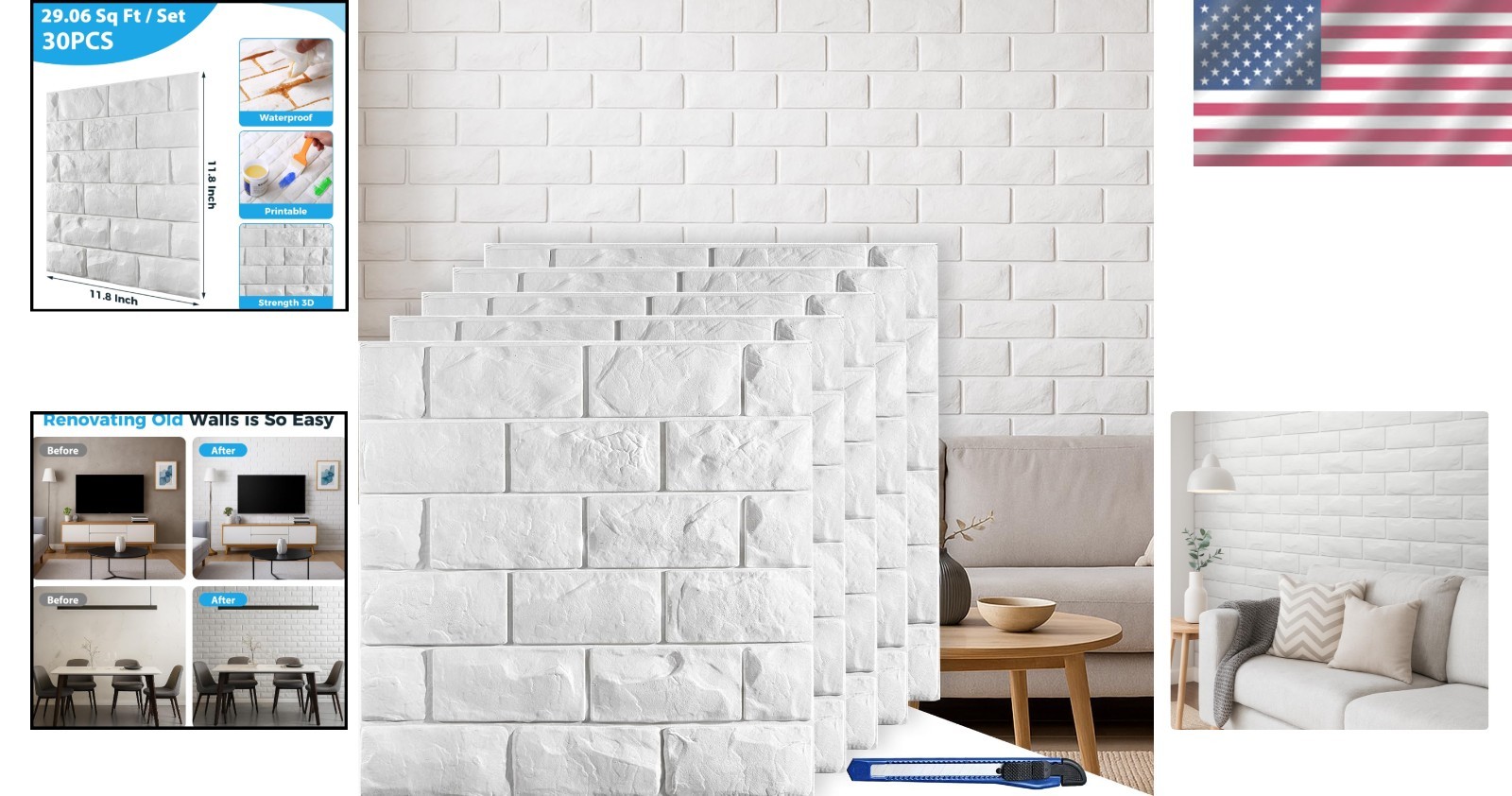 Self-Adhesive Waterproof 3D White Brick Wallpaper – 29.06 Sq Ft Coverage