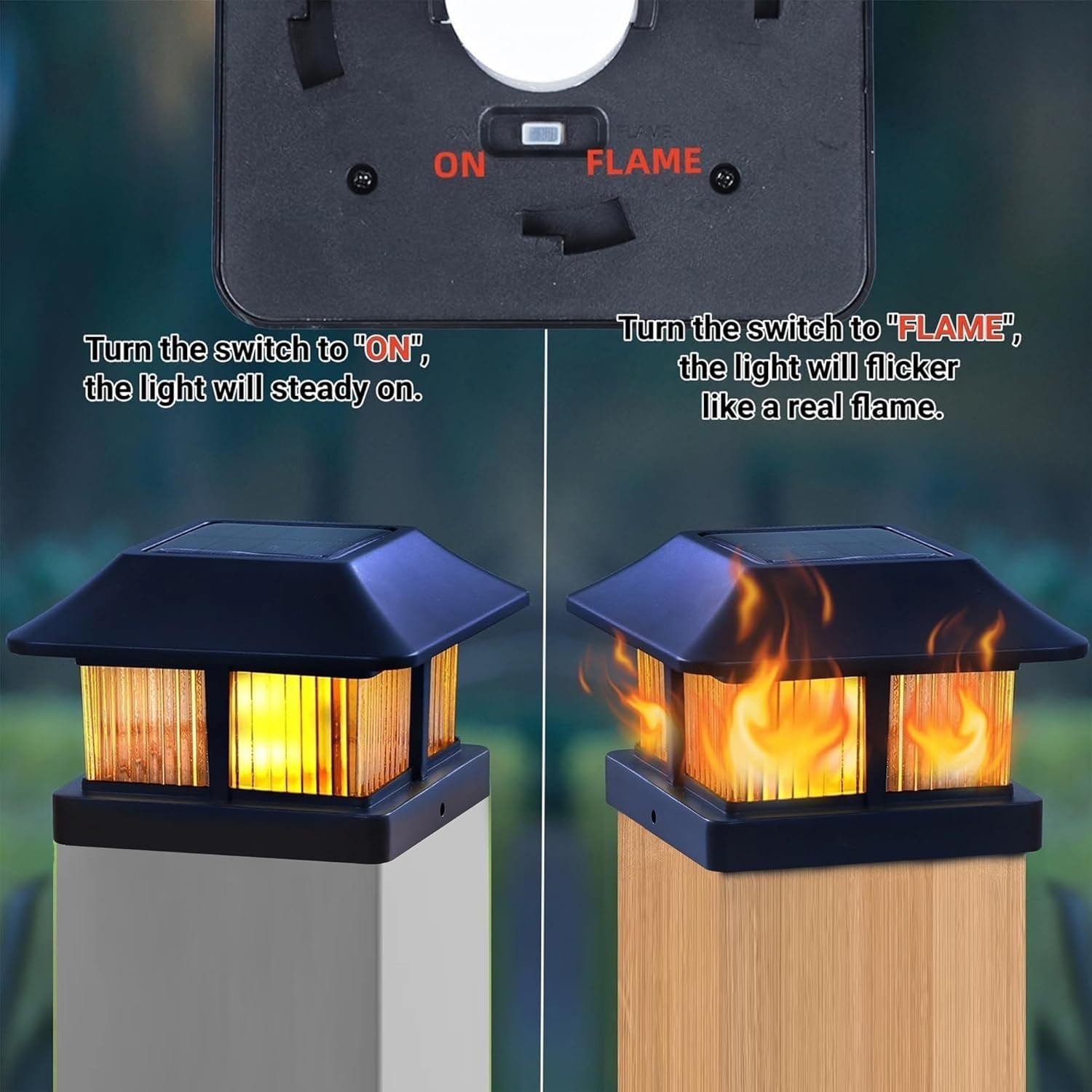 Solar Flame Post Cap Lights Outdoor, Solar Powered Fence Post Light, Flickering