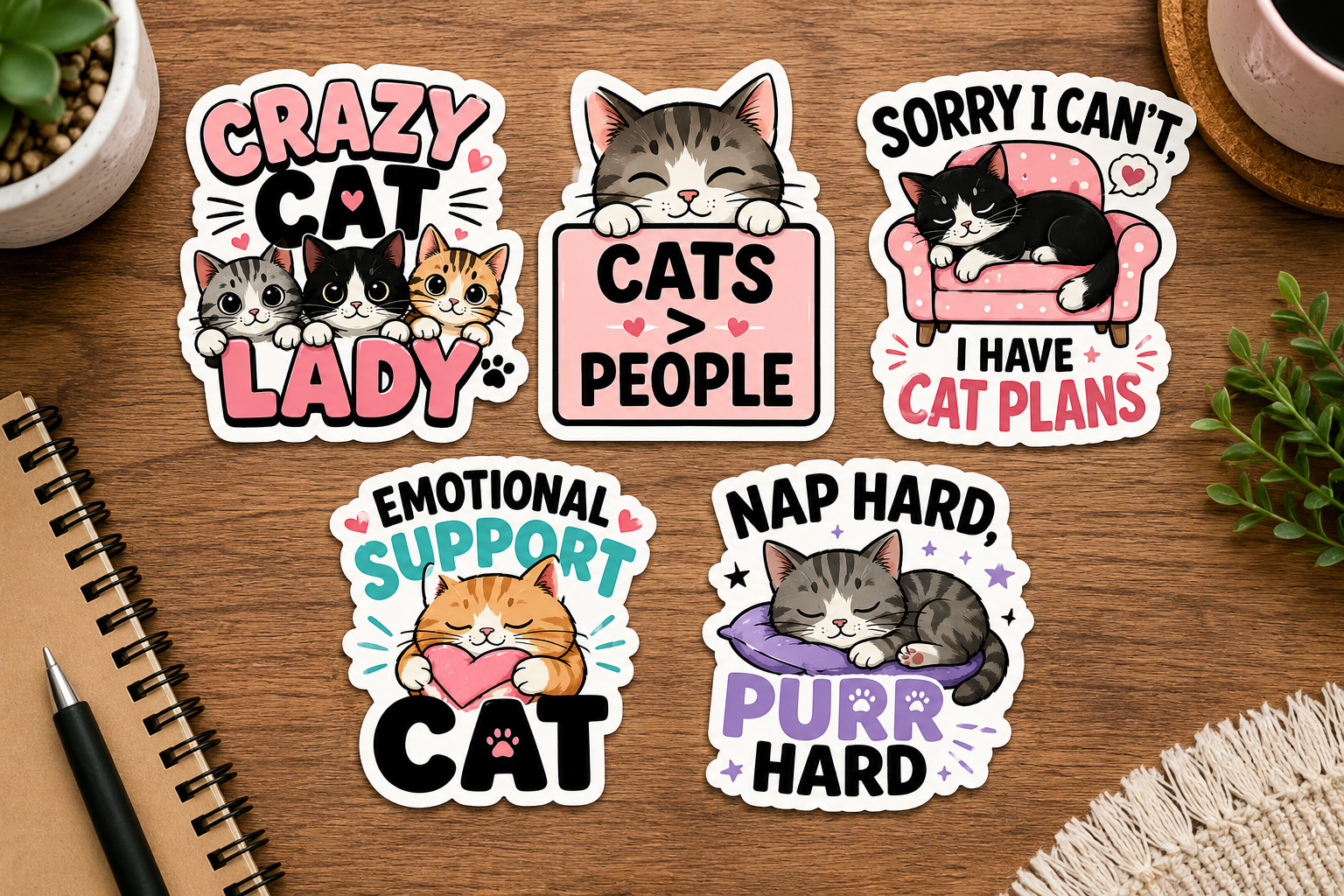 Cat Sticker 5-Pack Cute Funny Vinyl Decals Crazy Cat Lady Emotional Support Cat