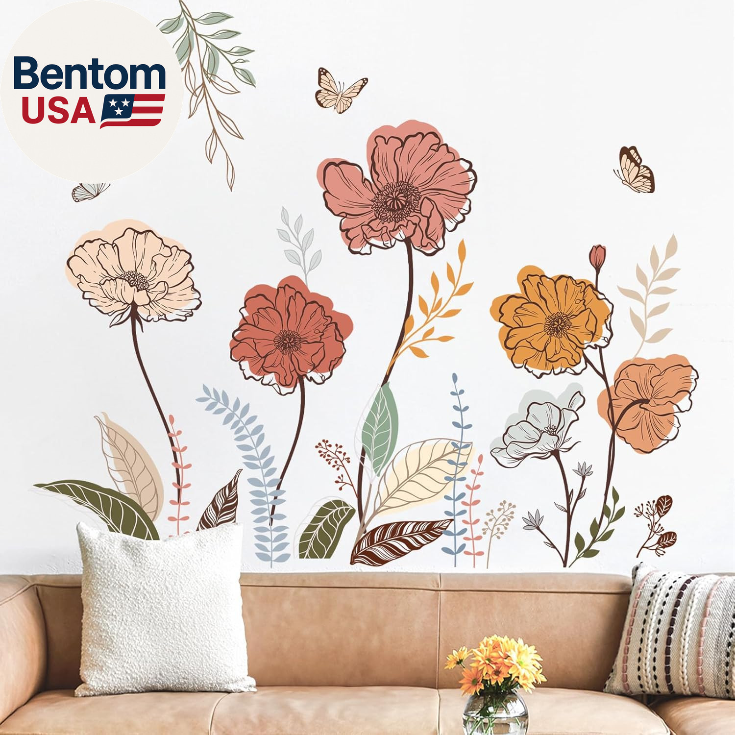 Boho Flower Wall Stickers Wildflower Floral Grass Peel and Stick Wall Art Decals