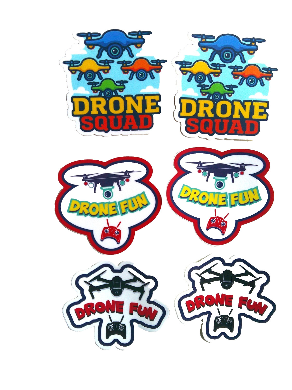 6 Fun Drone Stickers Die Cut 3" Vinyl 2 of each Design Self Adhesive