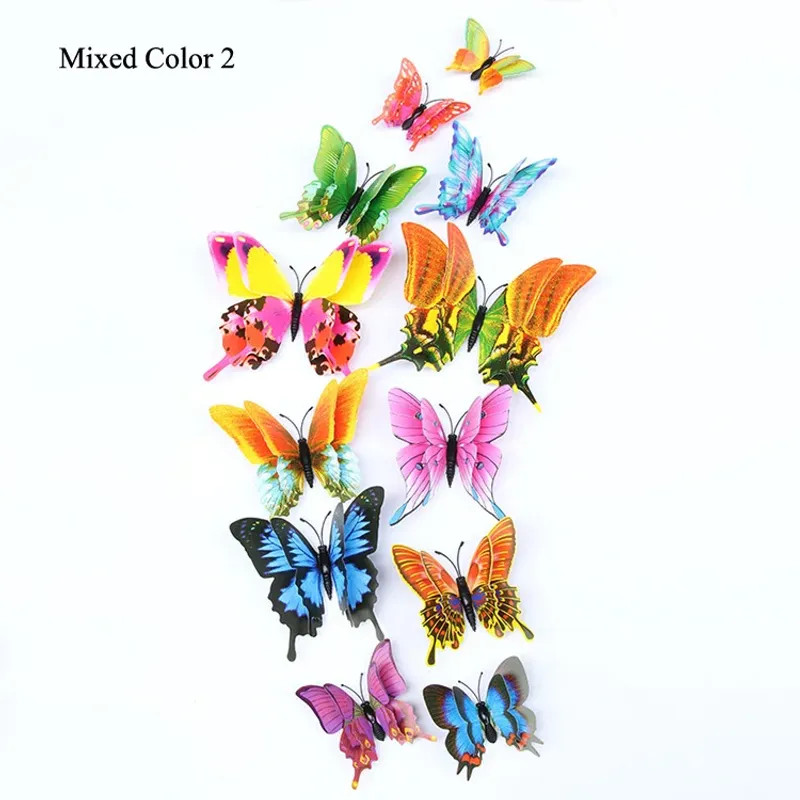 12Pcs Mixed Color Double Layer Butterfly 3D Wall Sticker For Wedding Decoration