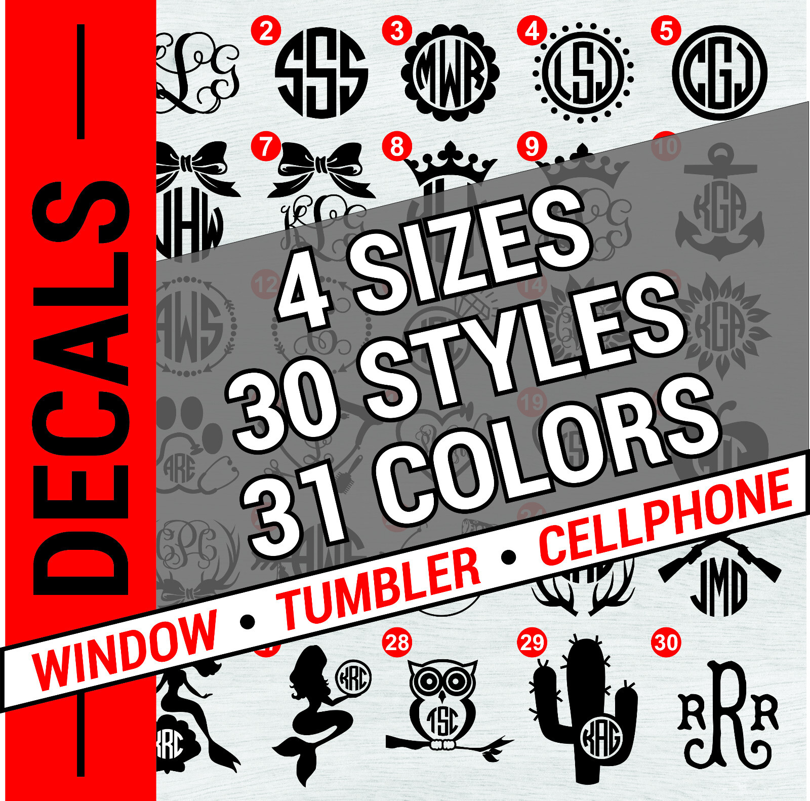 Monogram Initial Decals for Phone, Tumbler, Car Decals. 30 Designs