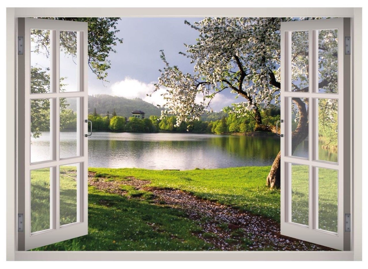 Flower Garden View Window 3D Wall Decal Art Mural Home Decor Canvas Vinyl W43