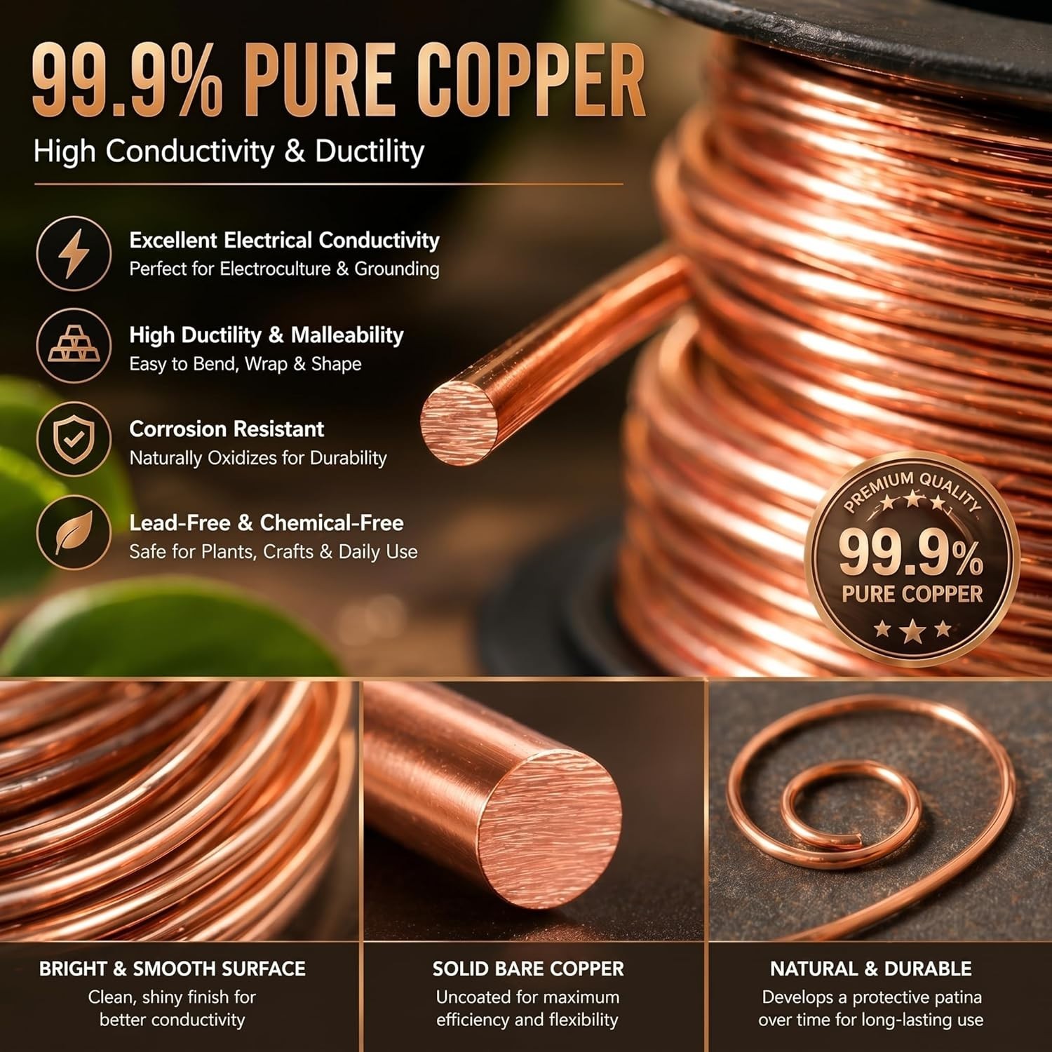 100Ft 14 Gauge Copper Wire for Gardening, Electroculture, Bonsai, Jewelry Making