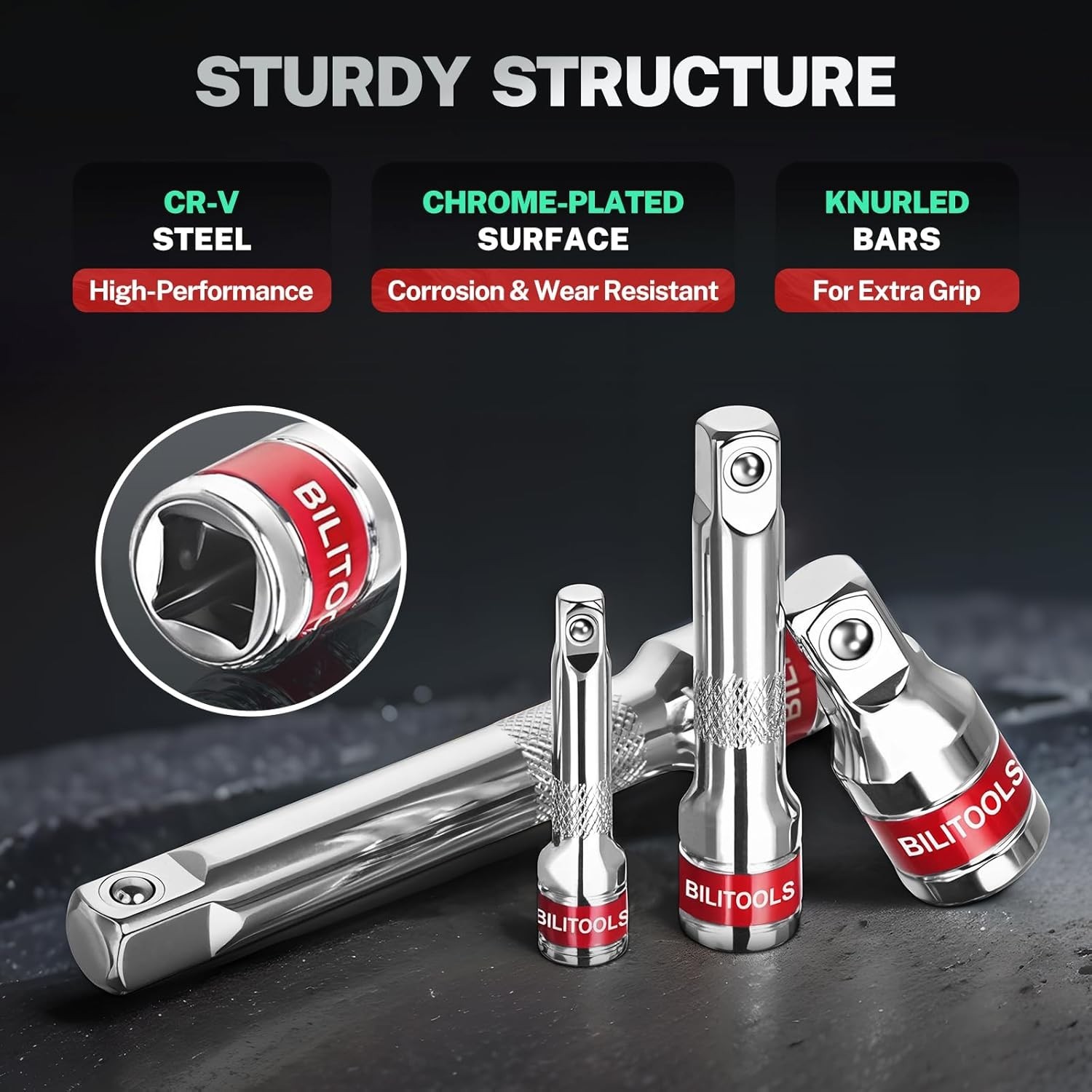 9 PCS Ratchet Extension Set, 1/4" 3/8" 1/2" Drive Extension Set, CR-V Steel wit