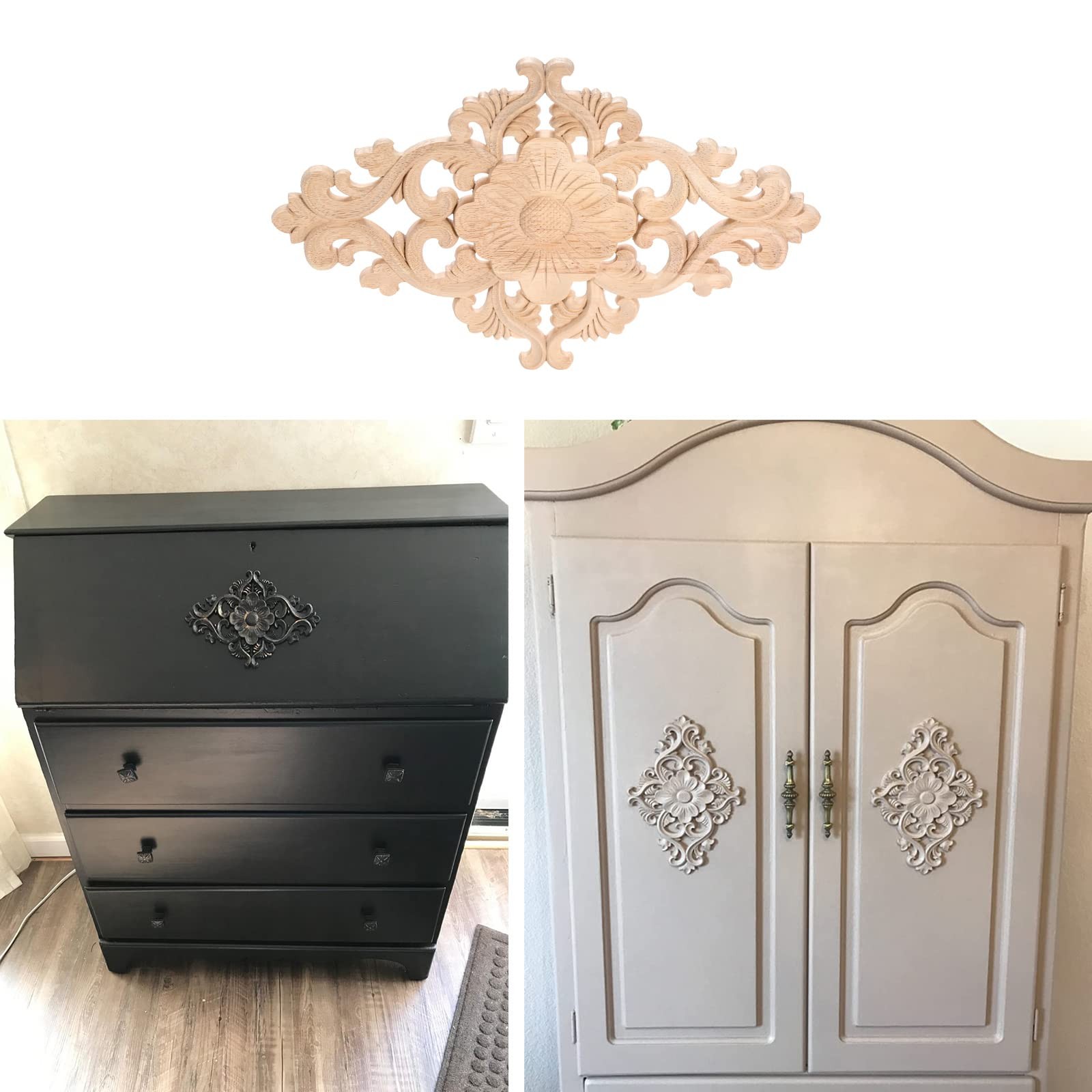 Wood Carved Appliques, 2Pcs Wooden Decorative Onlays, Unpainted Furniture Cen…