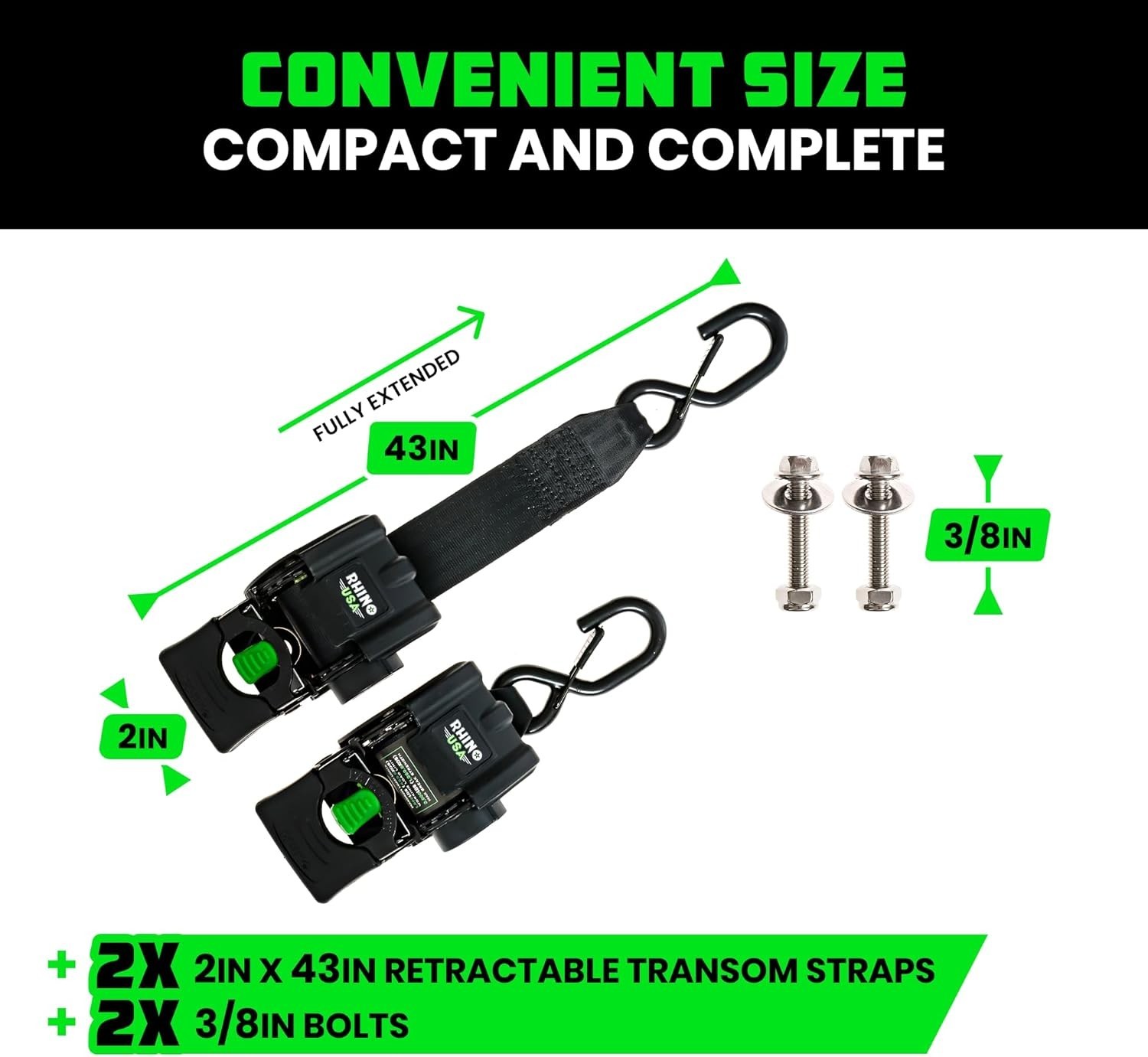 Retractable Boat Trailer Tie Down Straps 2 Pack 2in x 43in Powder Coated Black