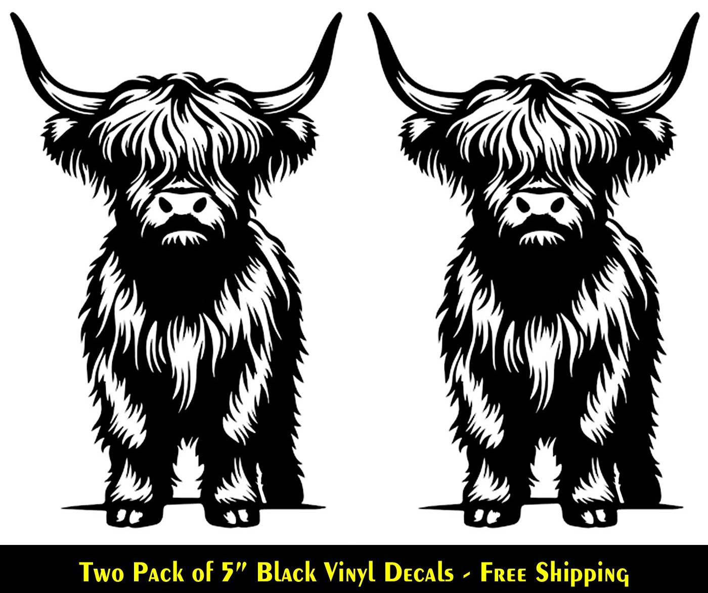 Mini Highland Cow Two Pk 5" Black Vinyl Decals Car Truck Window Any Flat Surface