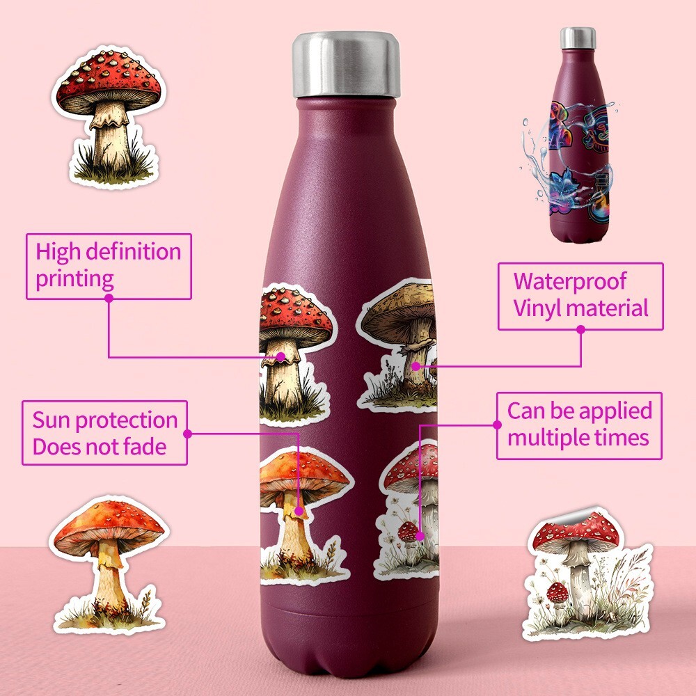 50 Pcs Stickers Vinyl Cute Mushroom Laptop Luggage Fridge Phone Car Water Bottle