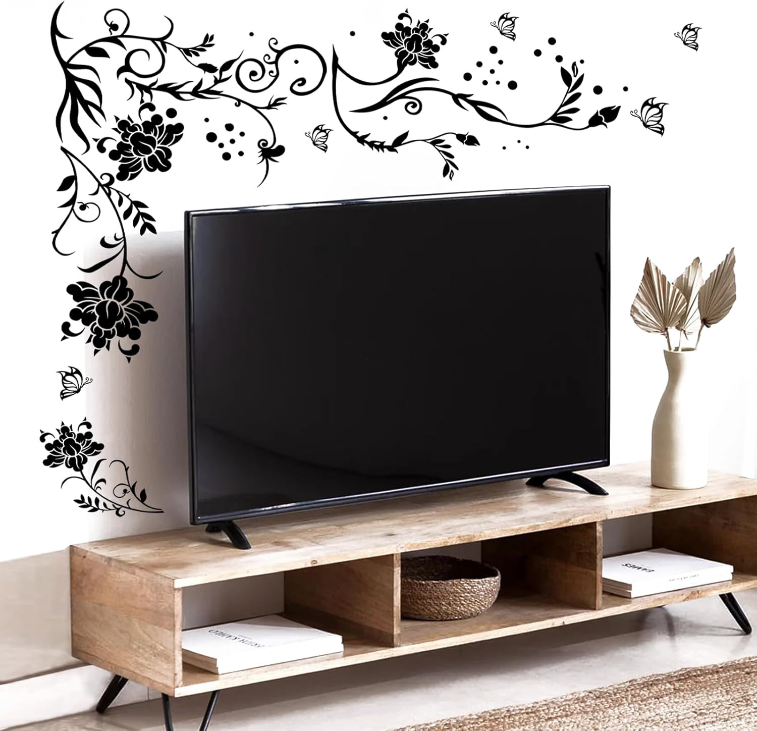 Supzone Flowers & Butterflies Wall Decals – DIY Black & Floral Wall Stickers for