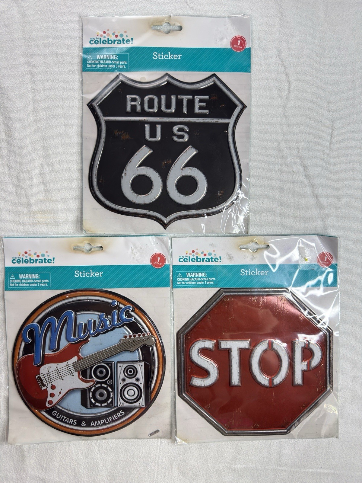 Set Of 3 Puffer Decal Stickers Route US 66, STOP Sign, Music Guitars & Amplifier
