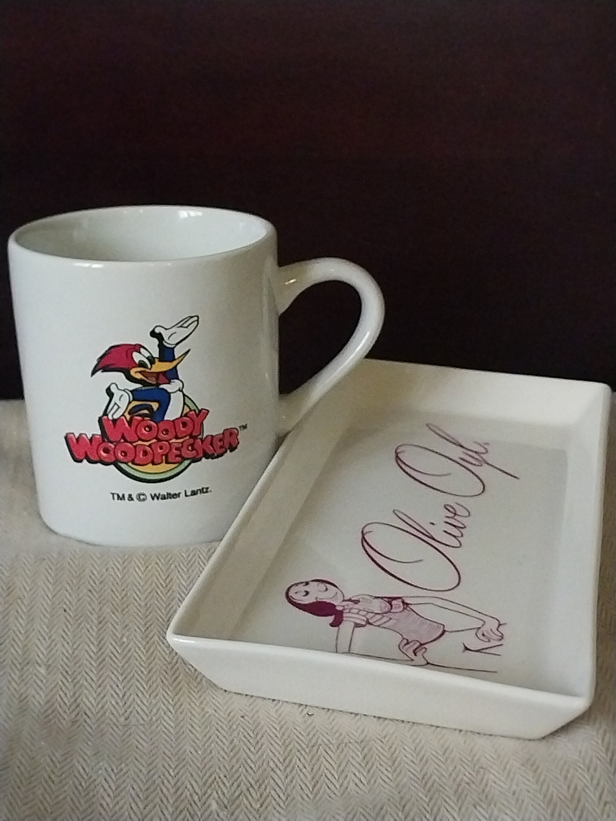 RARE: 7.5" Olive Oly Porcelain Tray + Woody Woodpecker Mug; Vintage New