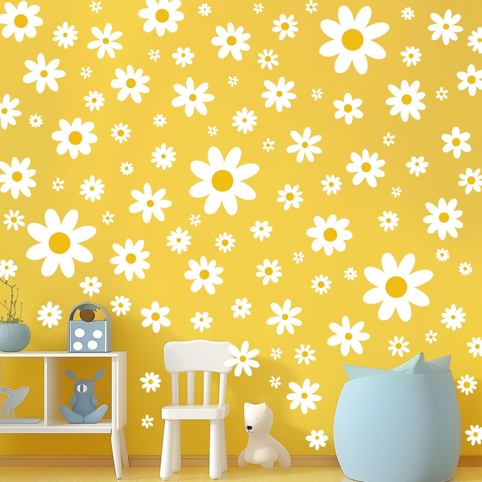 Daisy Wall Decal, 8 Sheets 96Pcs Daisy Flower Wall Stickers Peel and Stick Wh…