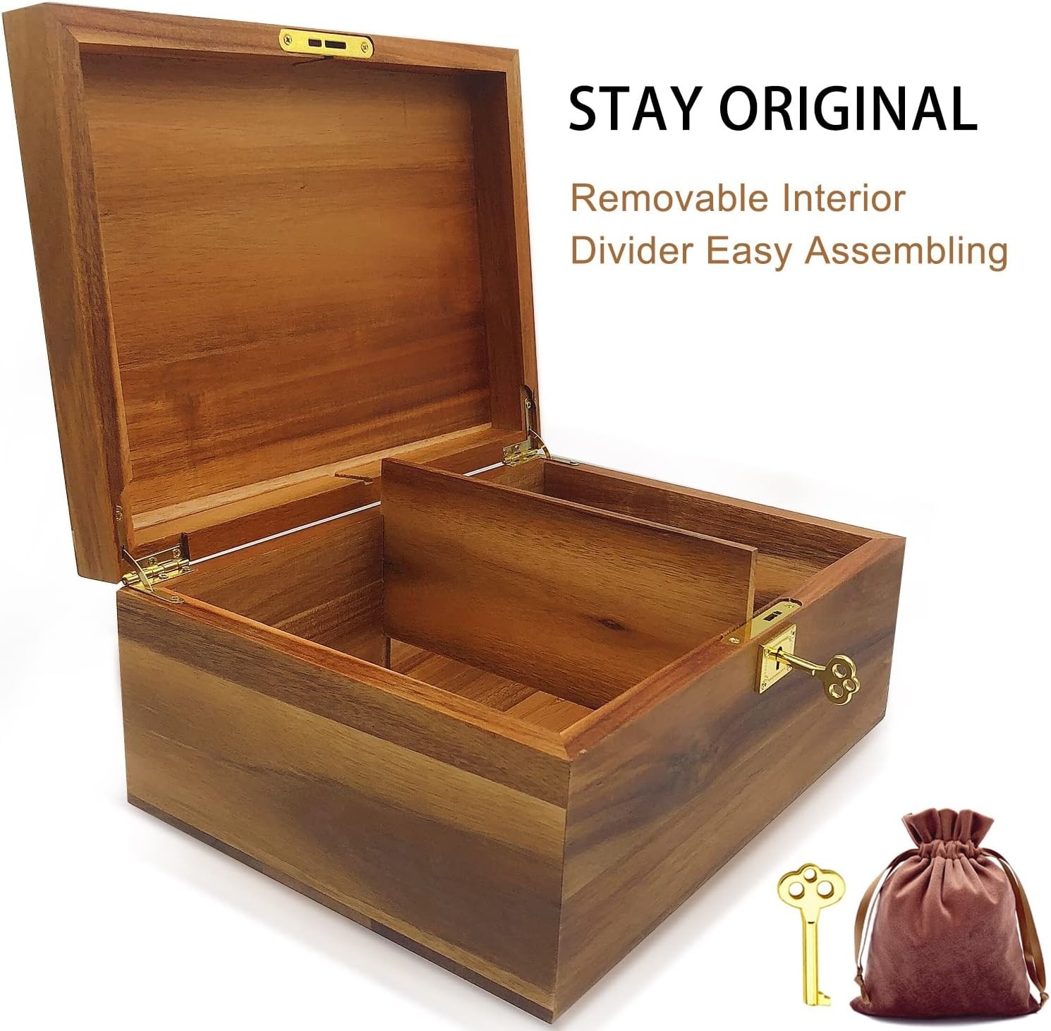 Wood Box Large Decorative Wooden Storage Box with Hinged Lid and Locking Key Pre
