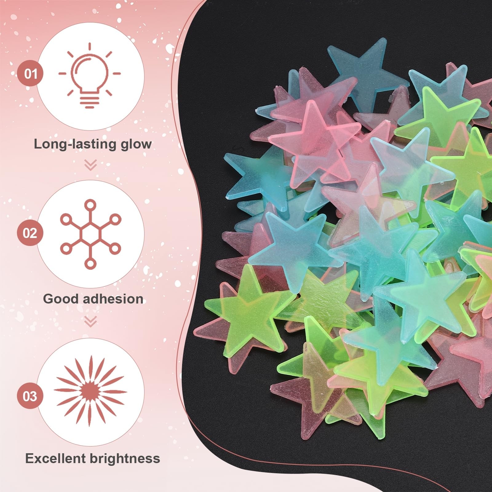 MECCANIXITY 100 Pcs Glow in The Dark Stars Stickers for 1.5"Lx0.06"T, Pink