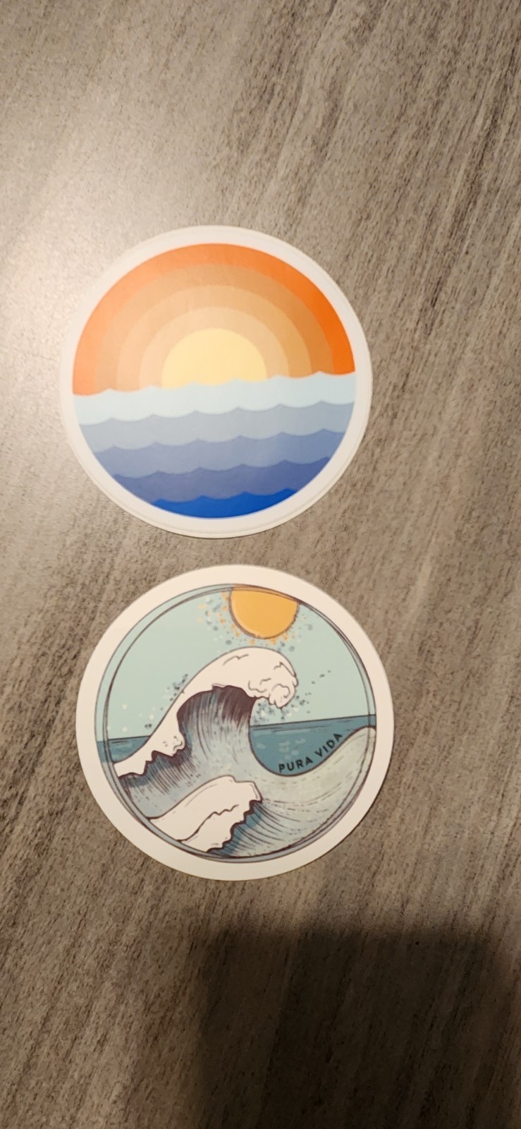 Set Of Two 3" Diameter Round Decals Featuring Waves And Sun