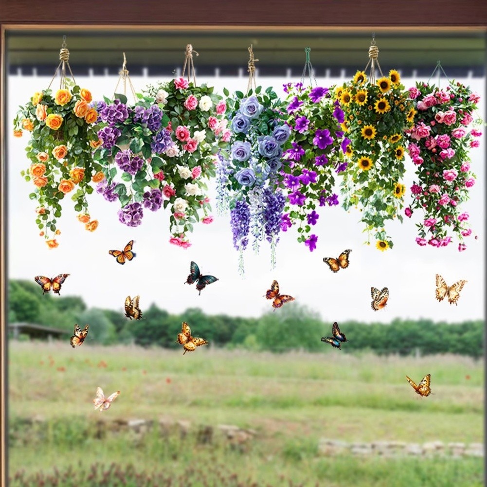 Static Cling Window Decals Floral Basket Birds Butterfly Pattern PVC Sticker
