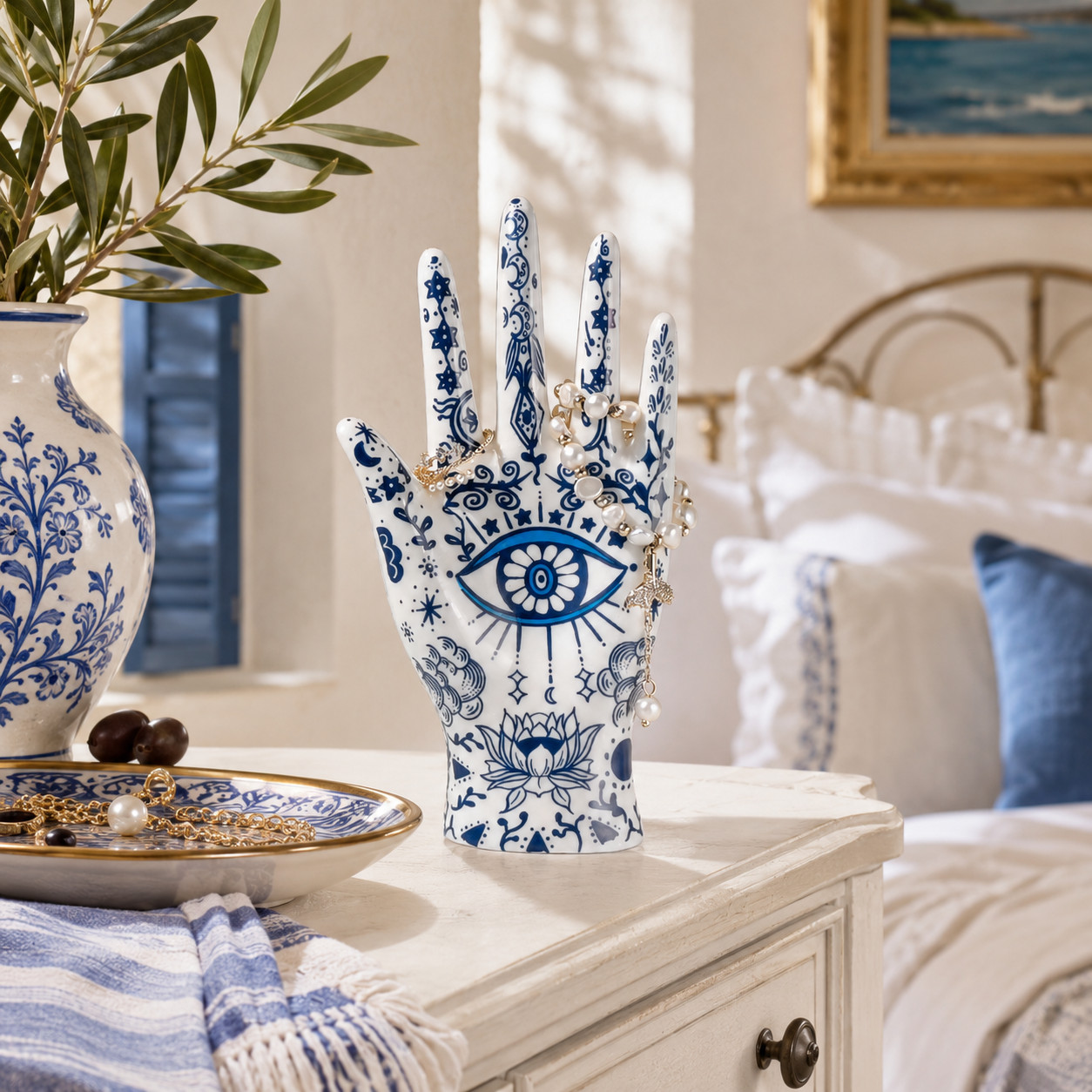 Ceramic Evil Eye Hand Jewelry Display Stand Blue & White Ring Bracelet Holder