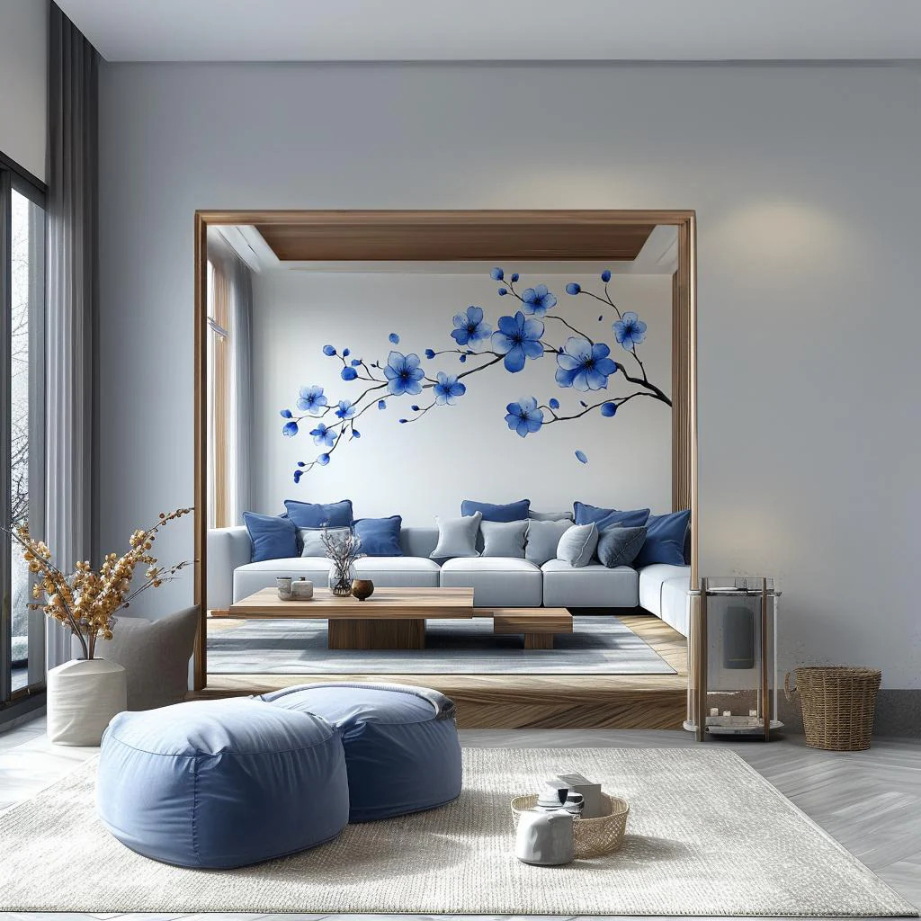 Blue Flower Branch Wall Decal | Large Sakura Floral Vinyl Sticker | Removable