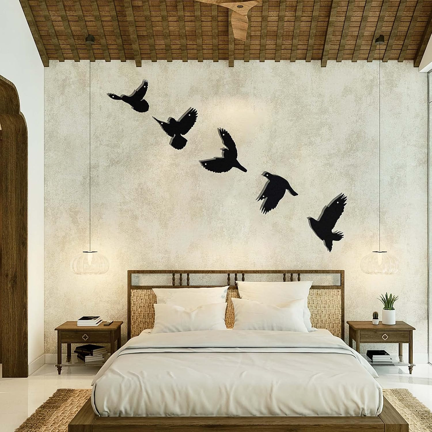Art Metal Wall Decor, 5Pcs 3D Modern Black Birds Metal Wall Stickers for Living