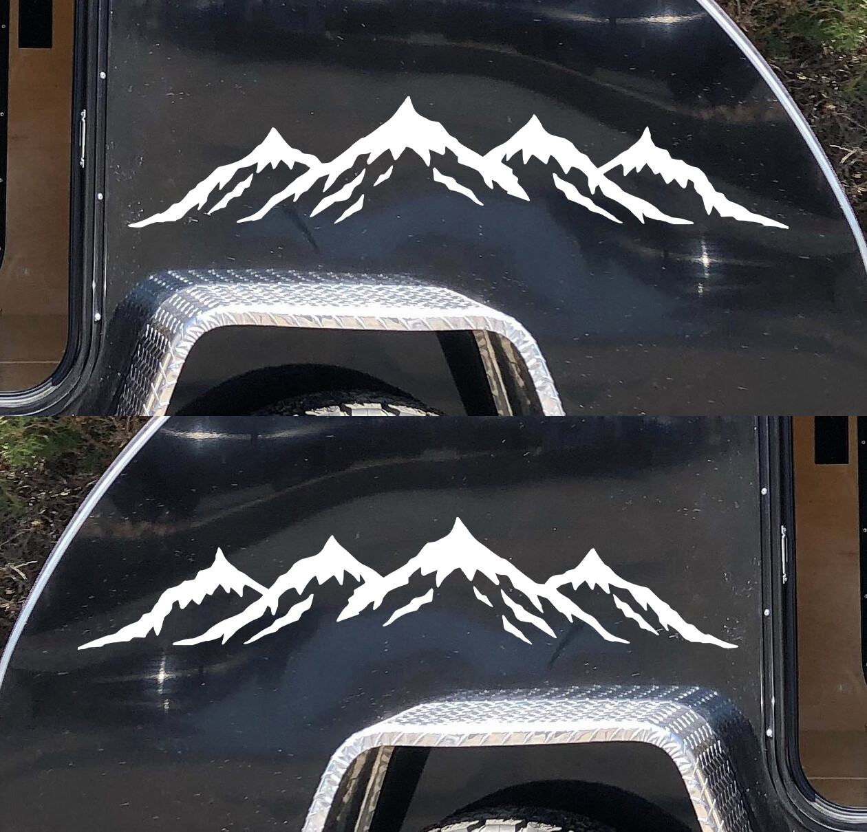 Set of two Mountain Scenes Vinyl Decals V4 Mirrored Hiking Traveling RV Graphics