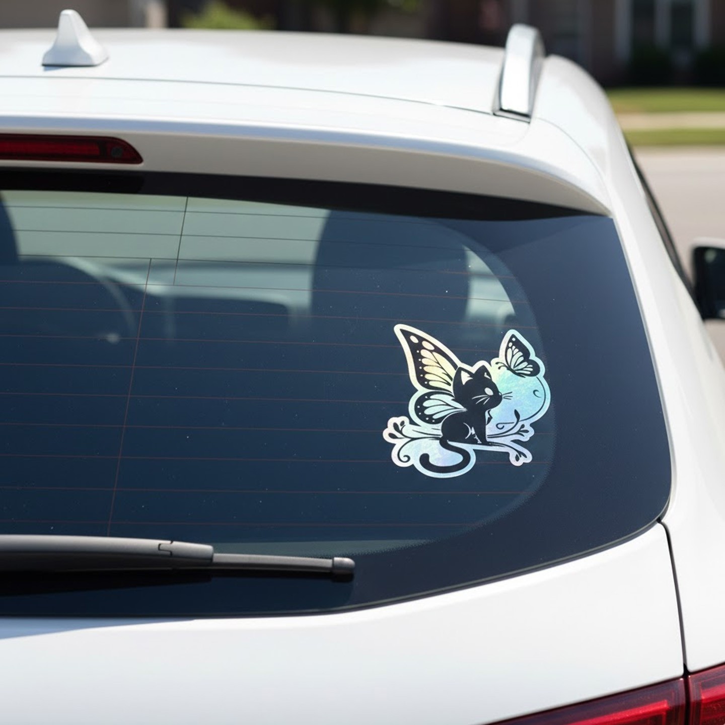 Holographic Fairy Cat Sticker Decal – Iridescent Butterfly Kitten Vinyl for Car