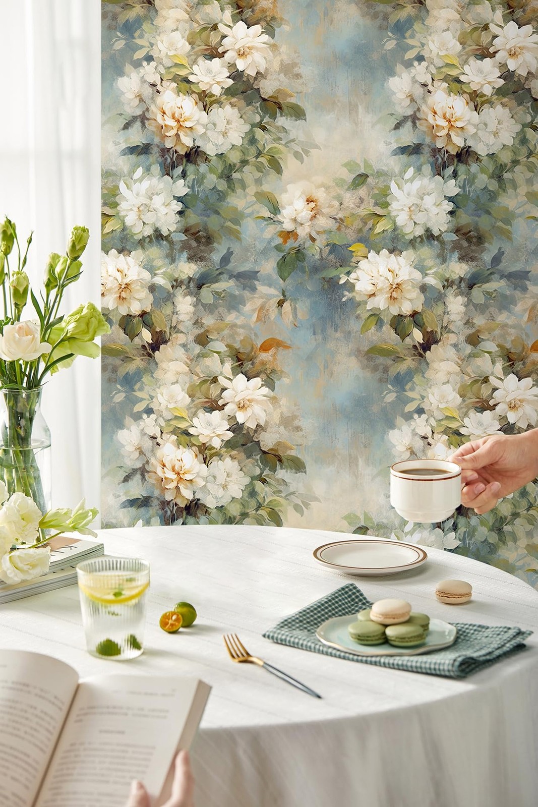 HAOKHOME Peel and Stick Floral Wallpaper Beige/Blue/Green Flower Bouquet Wall…