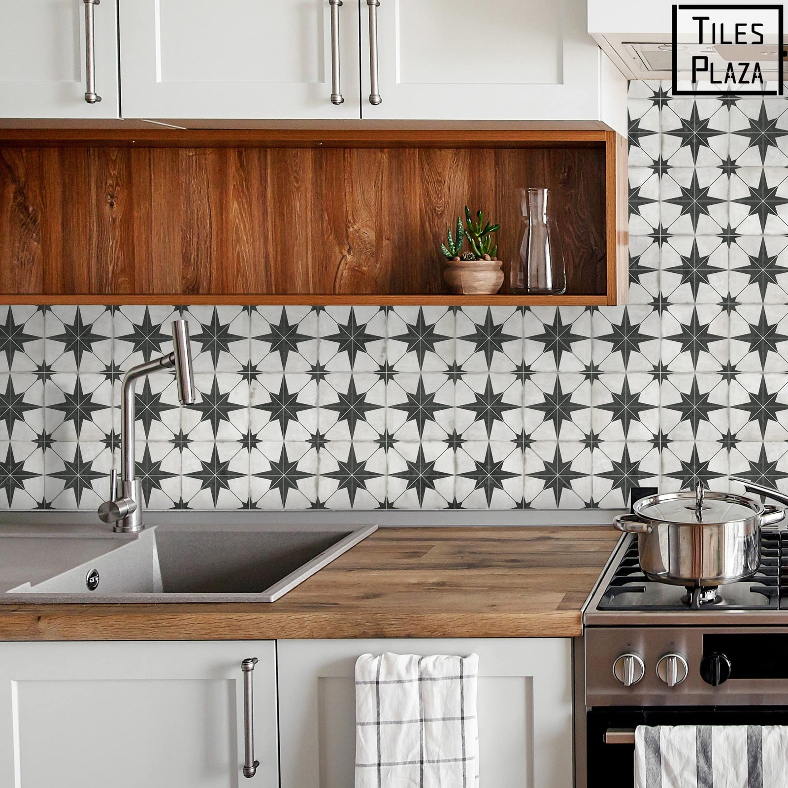 Encaustic Peel and Stick Backsplash, Black Star Patterned Vintage Stick on Ti…
