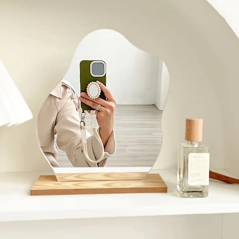 Irregular Decorative Tabletop Vanity Mirror with Wooden Base Bedroom Decor