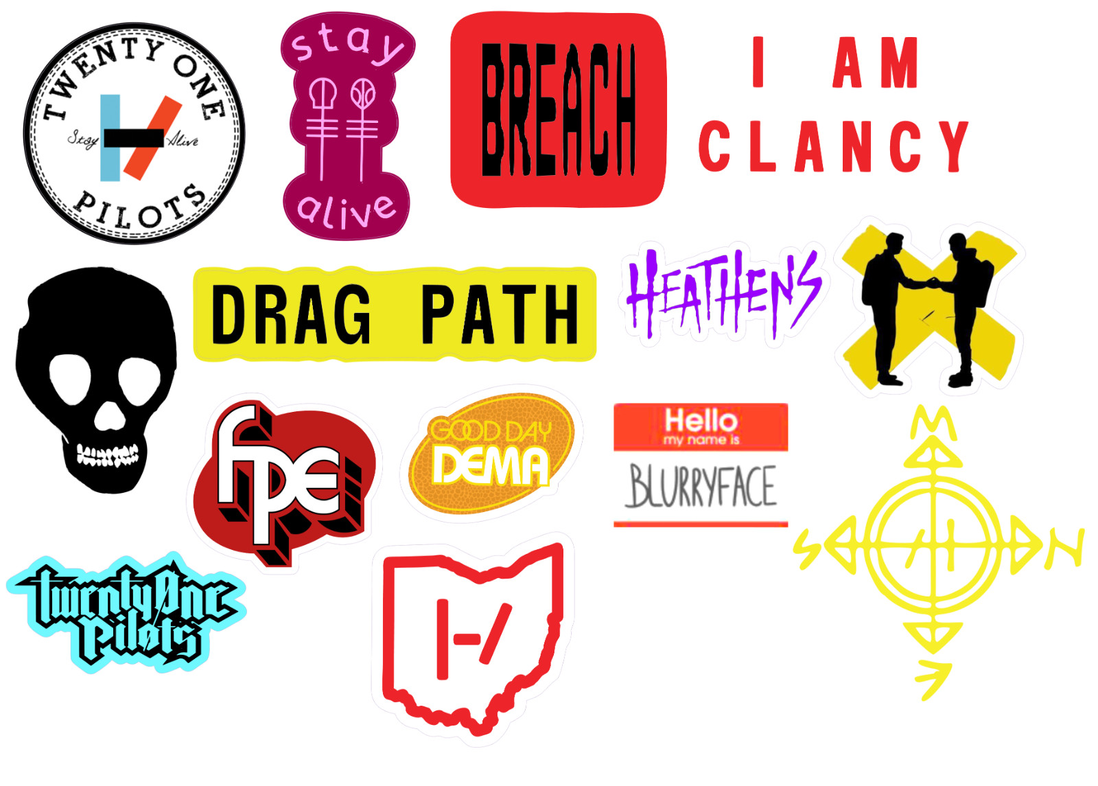 Twenty One Pilots sticker sets, Water Resistant, easy peel, 2-3", 12 Sets