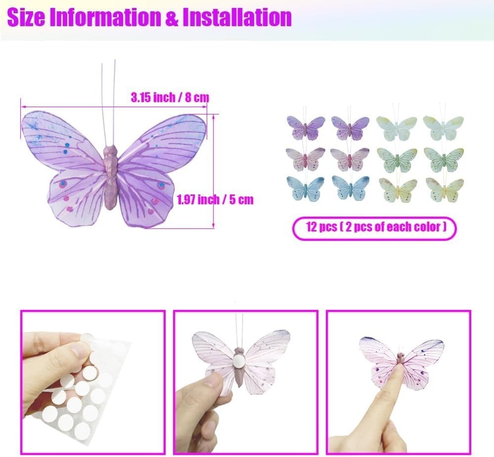 12PCS Feather 3D Butterfly Wall Stickers Pastel Colored Pink Purple Blue Yellow