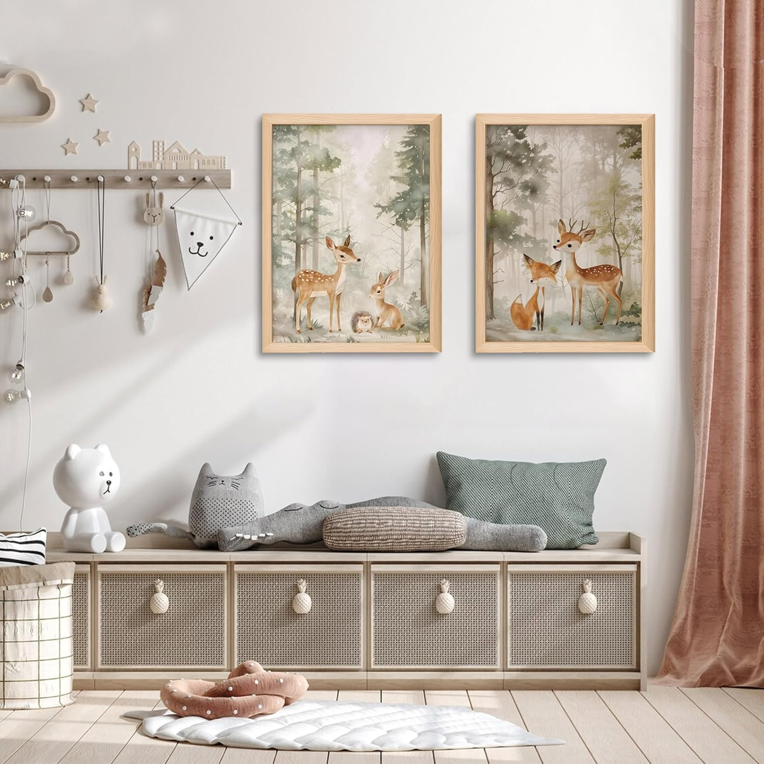 Framed Woodland Wall Art Set of 3, Wild Animals Nursery Wall Decor, Cute Bear Fo